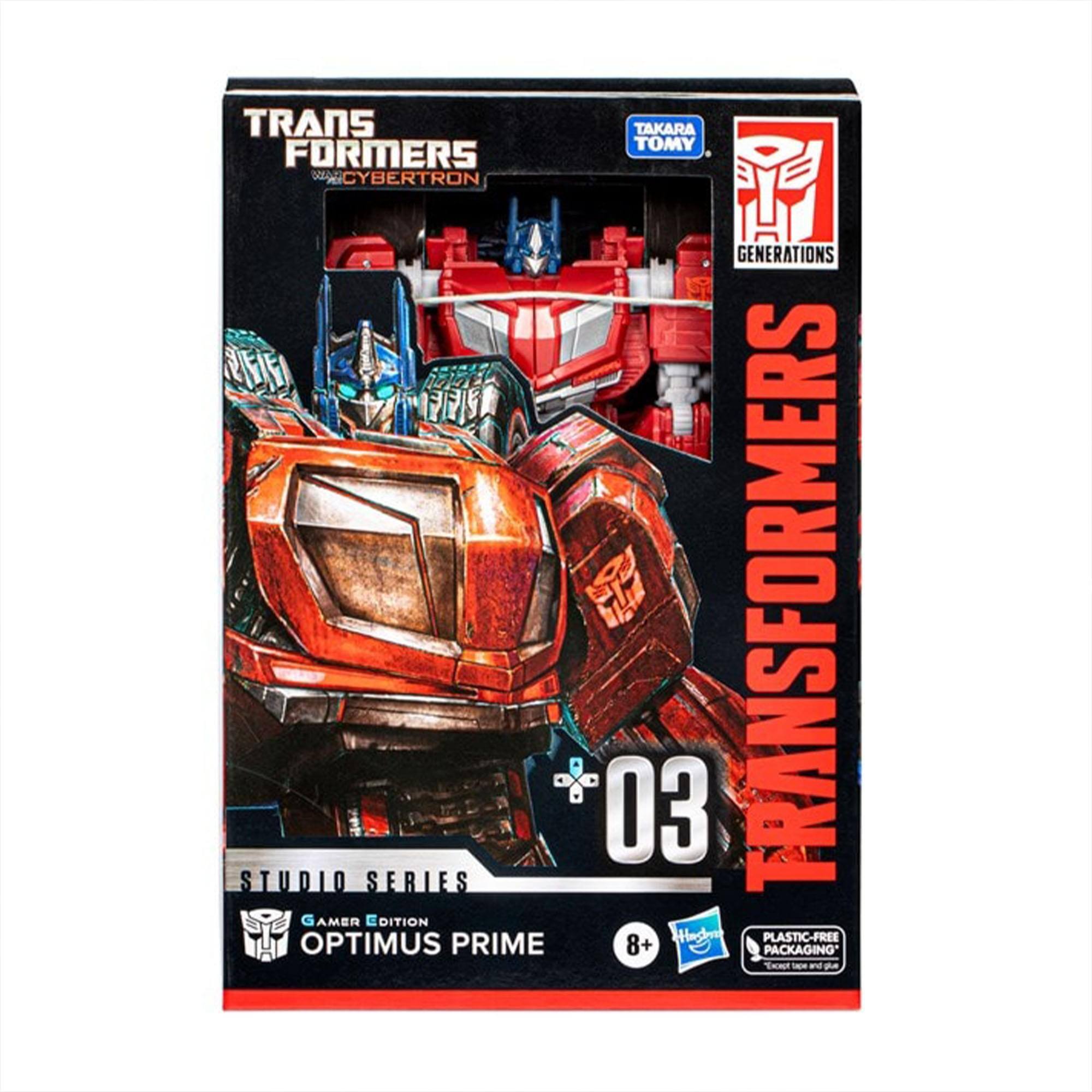 TRANSFORMERS  
CYBERTRON  
GENERATIONS  

TAKARA TOMY  

STUDIO SERIES  
GAMER EDITION  
OPTIMUS PRIME  

03  

8+  

PLASTIC-FREE PACKAGING  
"Recyclable tape and glue"  

Halo