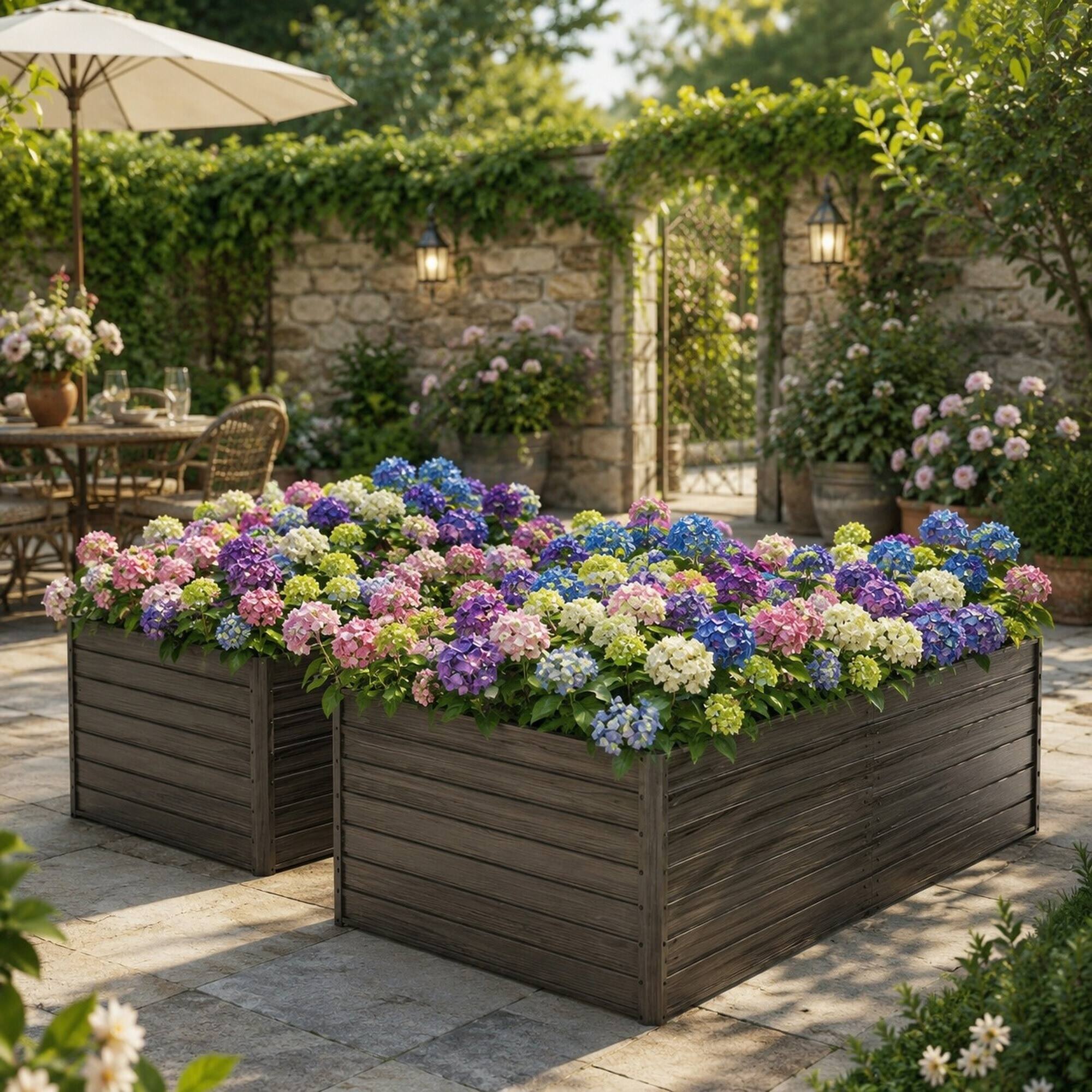 Left. RYHNUYNE - 8x4x2 FT Woodgrain Galvanized Raised Garden Bed Set of 2 for Vegetables, Flowers, Herbs and Fruits - Walnut.