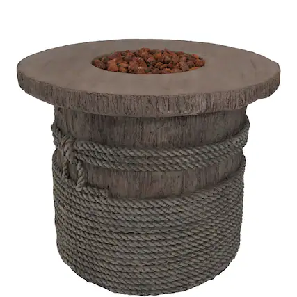 Front. Sunnydaze - 29 in Faux Rope Barrel Propane Gas Fire Pit Table with Lava Rocks - Light Brown.
