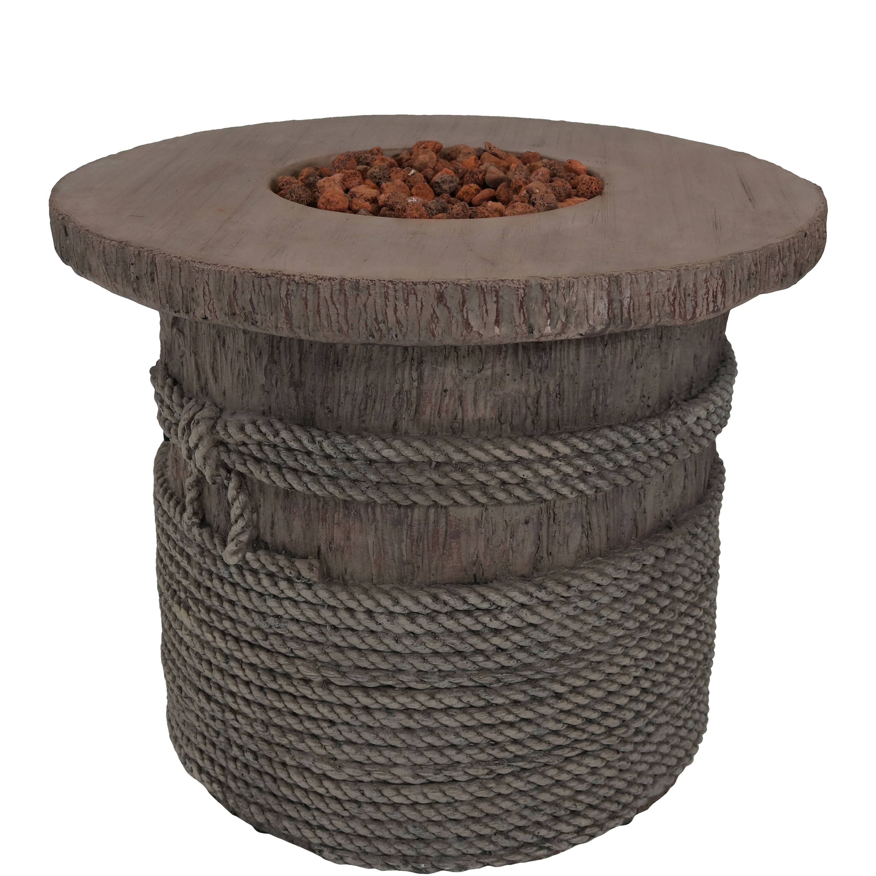 Front. Sunnydaze - 29 in Faux Rope Barrel Propane Gas Fire Pit Table with Lava Rocks - Light Brown.