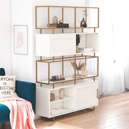 Aukfa - Modern Bookcase Room Divider - MDF & Gold Steel, Adjustable Shelves, 47.6"W x 70.3"H, Double-Sided Design - White
