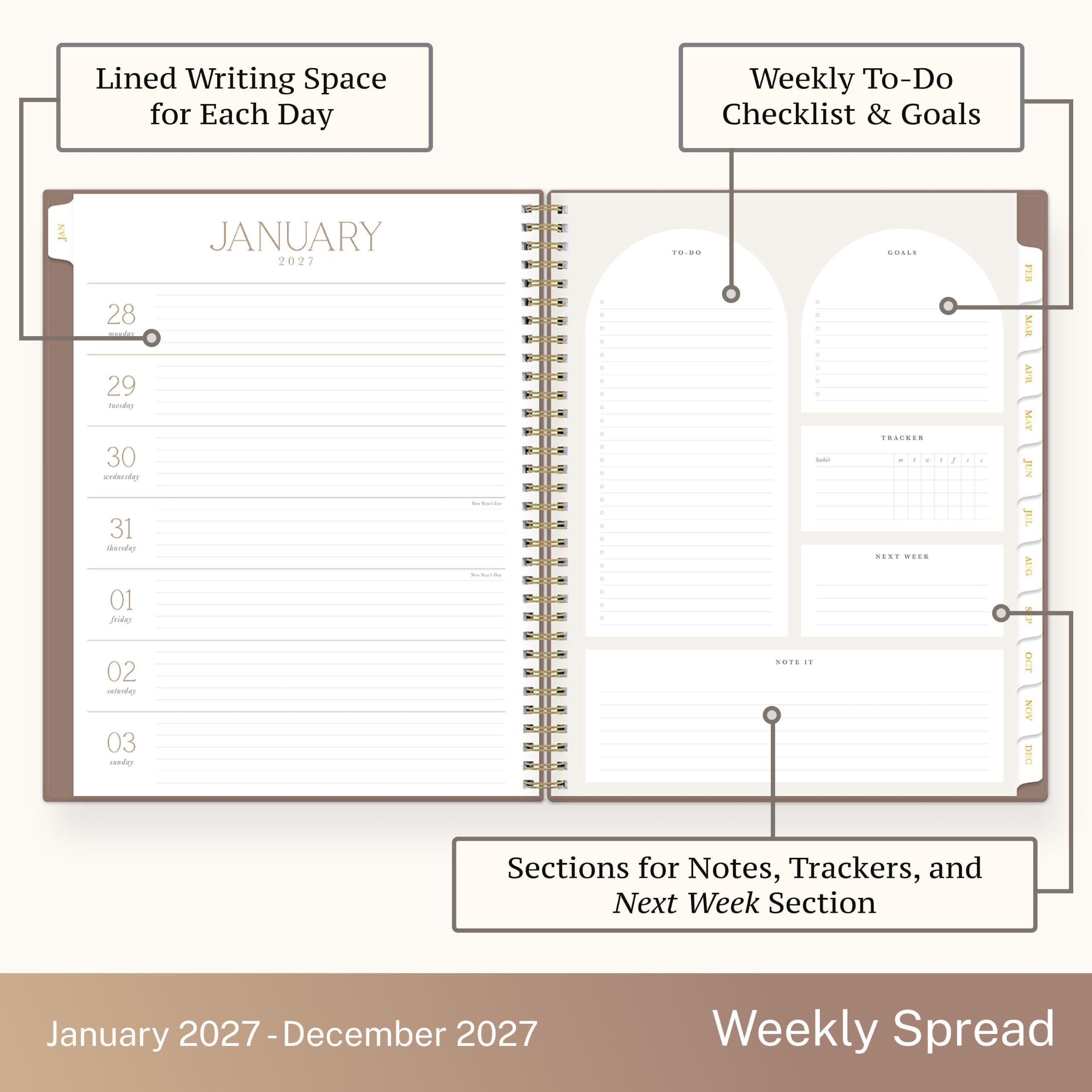 Lined Writing Space for Each Day

Weekly To-Do Checklist & Goals

JAN
28 worder 29 fresing 30 webresday 31 thanday 01 friley 02 saturday 03 sunday

JANUARY 2027

Su/Kardar DisSalle

0 a 1 8 a 1 0 . 1 5 6 0 0 0 0 5

TO.DO

0 0 1 0 1 0 5 0 Left NOTE IT

GOALS TRACKER - 1 - NEXT WEEK

1
-
o

MAR APR MAY JUN JUL AUG OCT NOV DEC

Sections for Notes, Trackers, and Next Week Section

January 2027-December 2027

Weekly Spread
