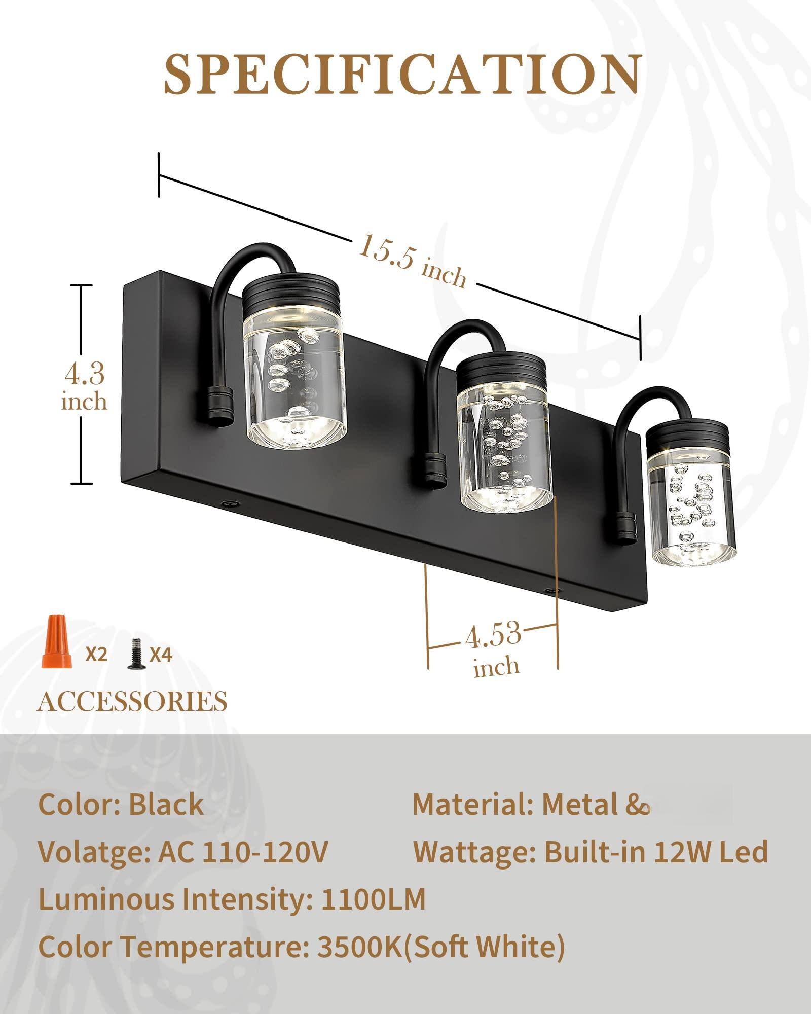 **SPECIFICATION**

- **Dimensions:**
  - Width: 15.5 inch
  - Height: 4.3 inch
  - Depth: 4.53 inch

- **Accessories:**
  - Screws: X2
  - Bolts: X4

- **Details:**
  - Color: Black
  - Voltage: AC 110-120V
  - Luminous Intensity: 1100LM
  - Color Temperature: 3500K (Soft White)
  - Material: Metal
  - Wattage: Built-in 12W LED