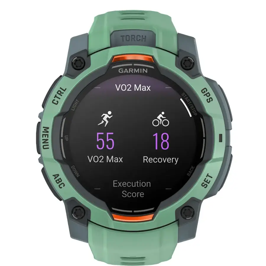 The text on the image is:

Torch Garmin VO2 Max CTRL GPS LIGHT START/STOP MENU UP 55 18 VO2 Max Recovery DOWN BACK ABC Execution SET Score