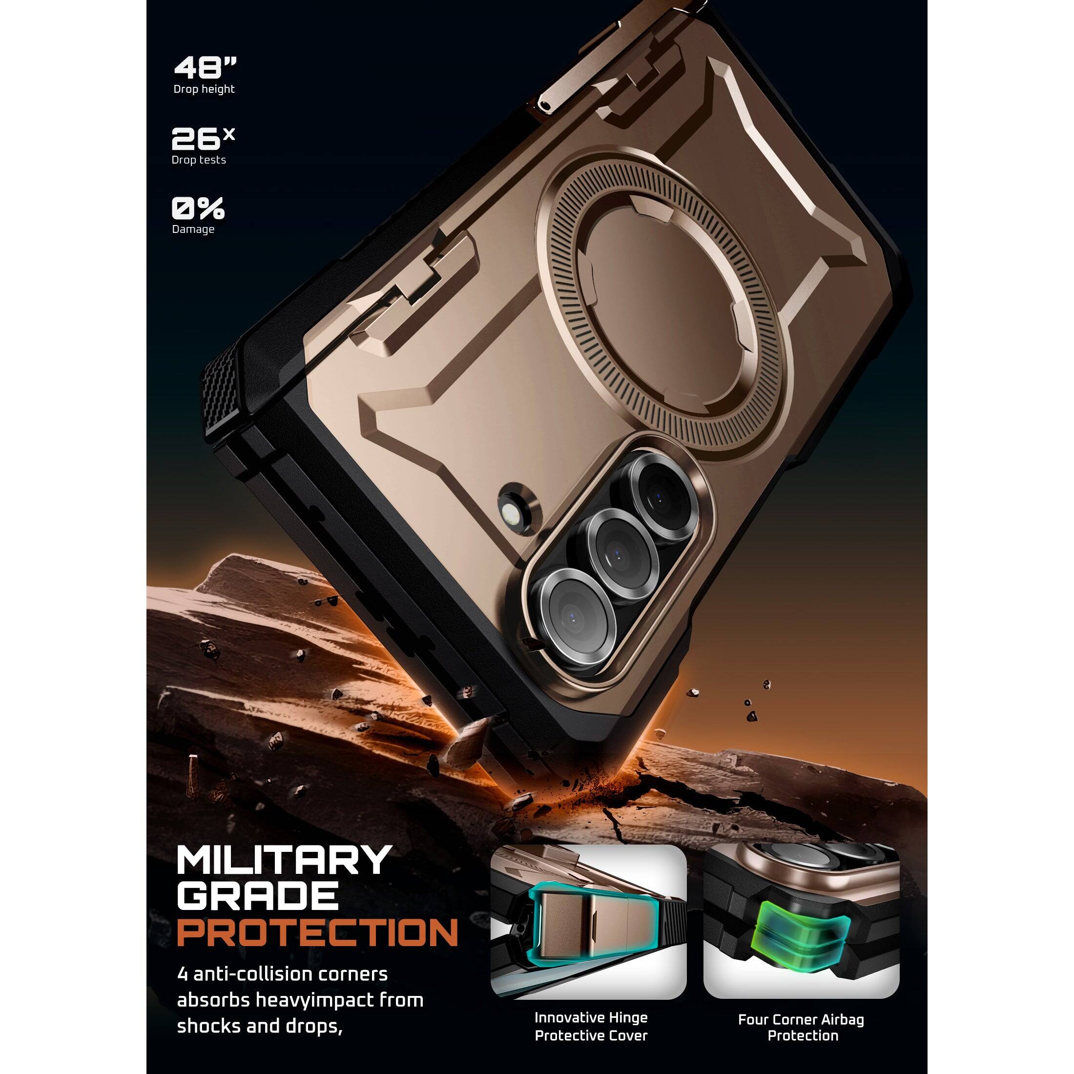 48" Drop height
26x Drop tests
0% Damage
MILITARY GRADE PROTECTION
4 anti-collision corners absorbs heavy impact from shocks and drops
Innovative Hinge Protective Cover
Four Corner Airbag Protection