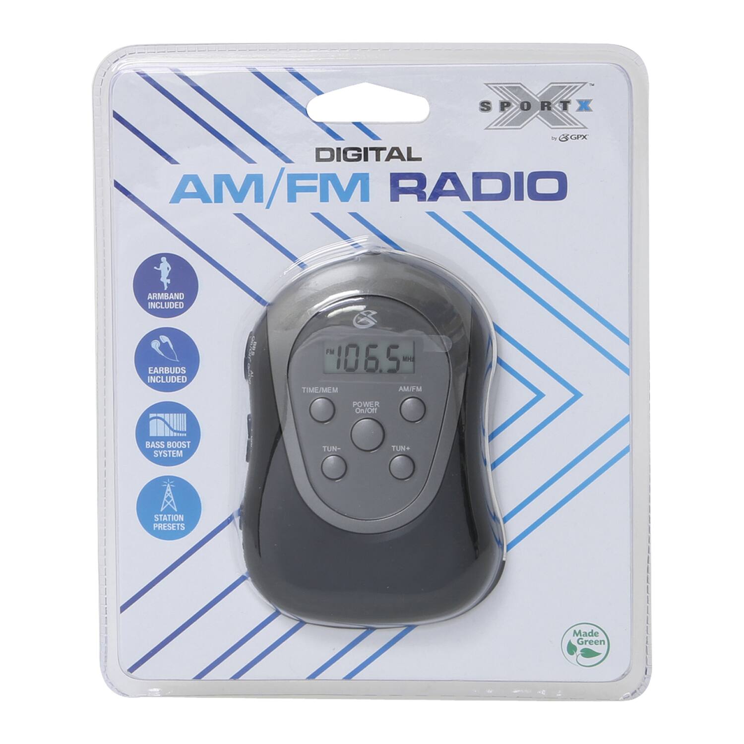 SPORTX DIGITAL AM/FM RADIO  
- ARMBAND INCLUDED  
- EARBUDS INCLUDED  
- FM 106.5 MHz  
- TIME/MEM  
- POWER ON/OFF  
- BASS BOOST SYSTEM  
- TUN- / TUN+  
- STATION PRESETS  
- Made Green