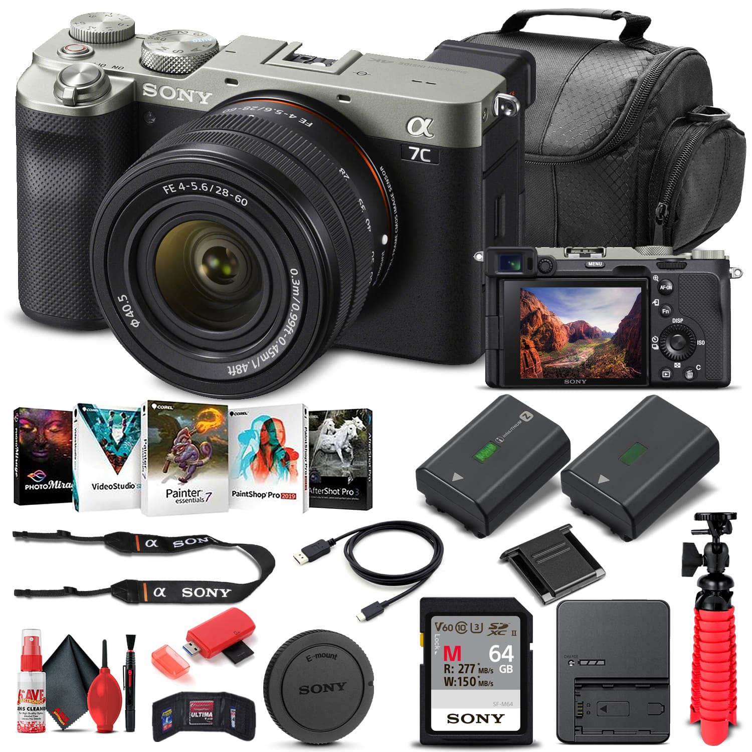 Sony - Alpha a7C Mirrorless Camera with 28-60mm Lens Silver Bundle + 64GB Card + Battery + Case + Charger + More