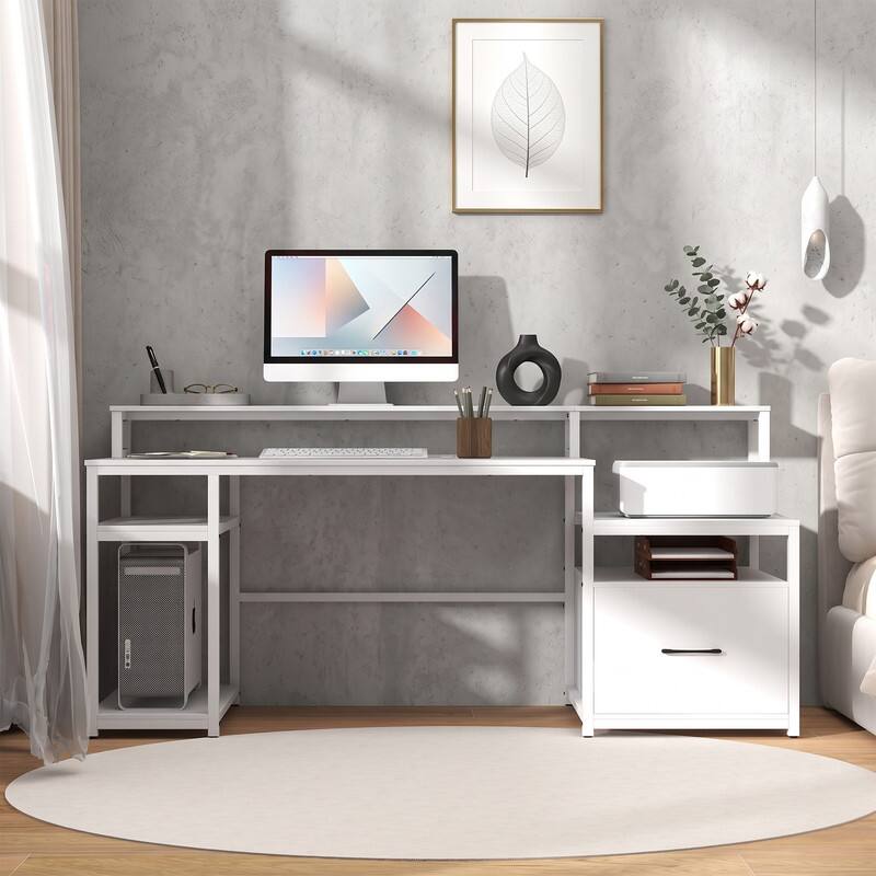 Front. WELLFOR - 67" Computer Desk with Charging Station & File Drawer, Home Office Desk with CPU Stand & Printer - White.