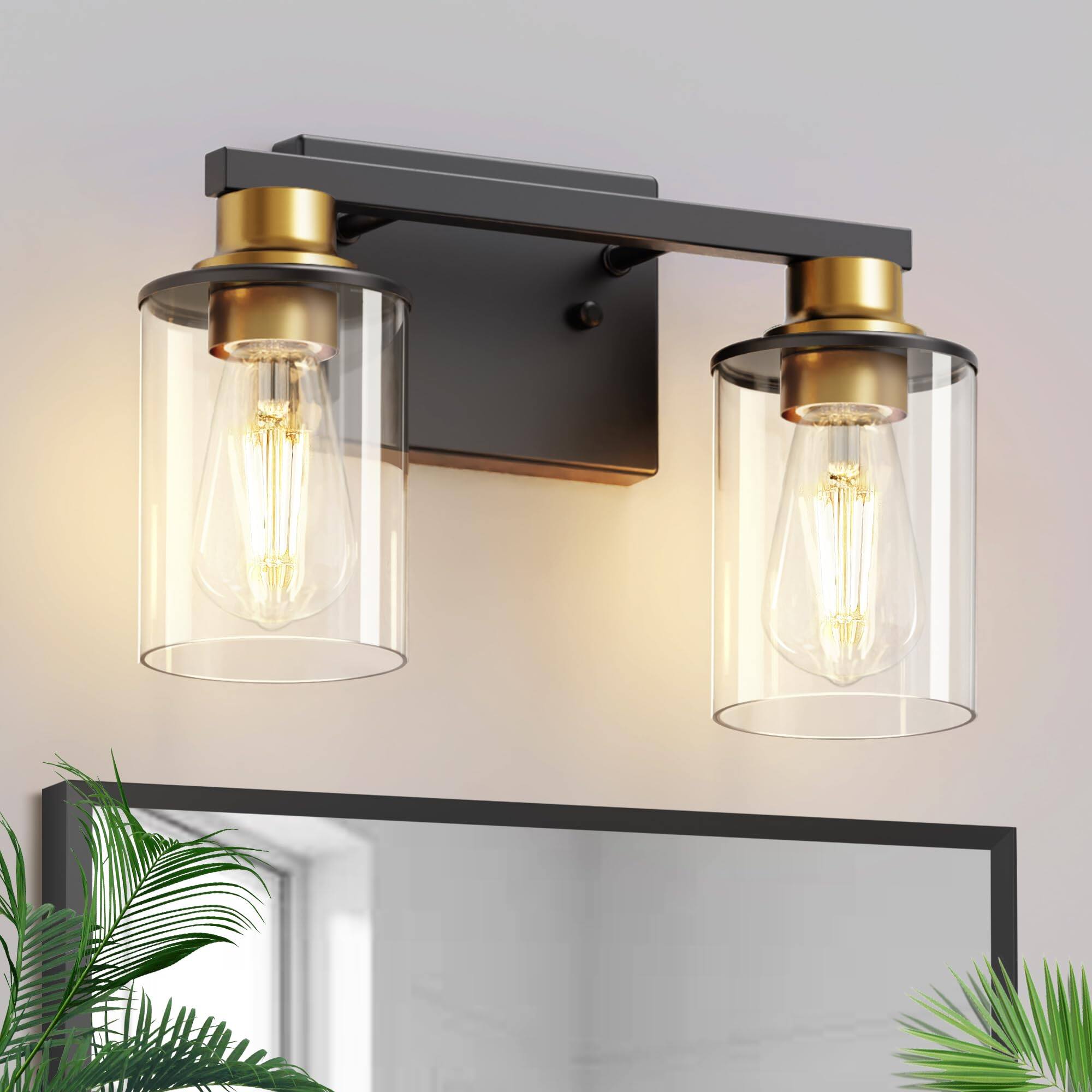 Front. Earthley Blooms - And Bathroom Light Fixtures Inch Modern Vanity Lights Over Mirror With Clear Glass Shade For Etl Listed - Gold 2-Light.