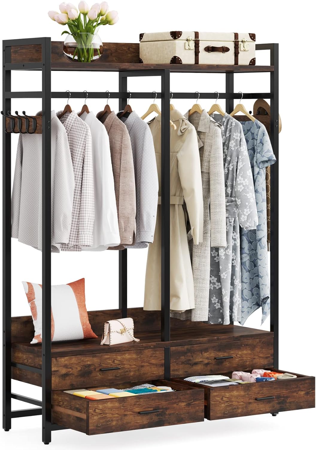 Back. TinyHomie - 472 Rustic Brown Freestanding Closet Organizer Garment Rack 4 Drawers 8 Hooks Shelves Hanging Rod - Brown.