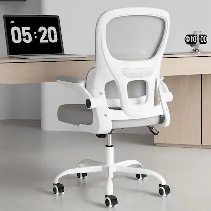 Front. Petrimins - Layered-Back Office Chair with Lumbar Support, Adjustable Height, Back Pain Friendly Task Chair with Flip-Up Armrests - White & Gray.