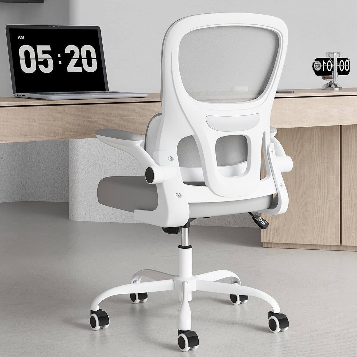 Front. Petrimins - Layered-Back Office Chair with Lumbar Support, Adjustable Height, Back Pain Friendly Task Chair with Flip-Up Armrests - White & Gray.