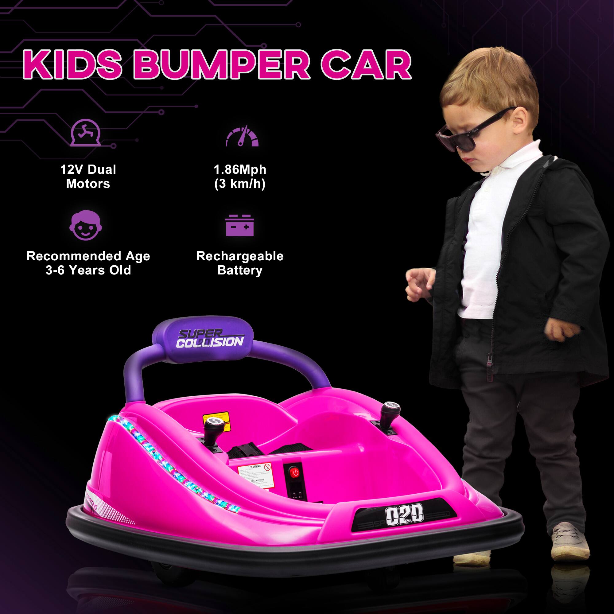 KIDS BUMPER CAR

12V Dual Motors  
1.86Mph (3 km/h)  
Recommended Age 3-6 Years Old  
Rechargeable Battery  
SUPER COLLISION  
BSP 020