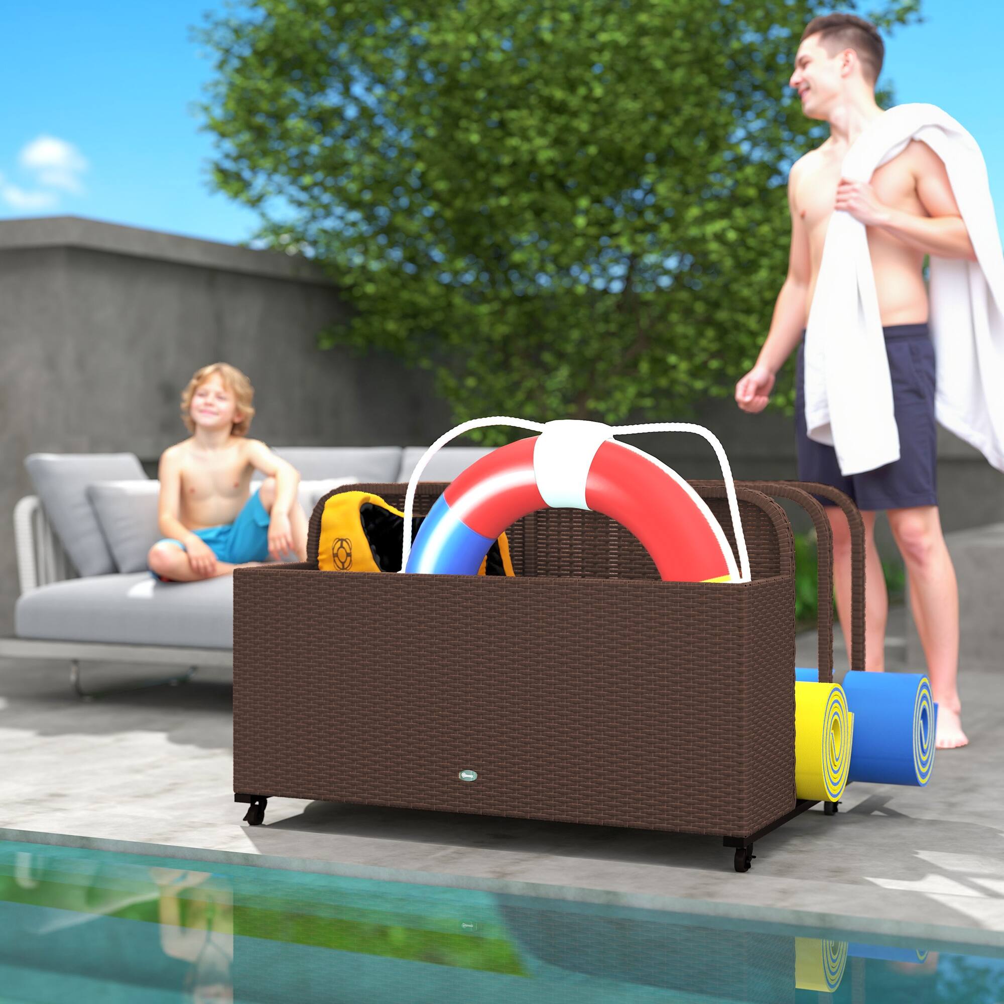 Alt View 1. Outsunny - Wicker Patio Pool Float Storage Basket, PE Rattan Outdoor Pool Caddy with Rolling Wheels for Floaties, Noodles - Brown.