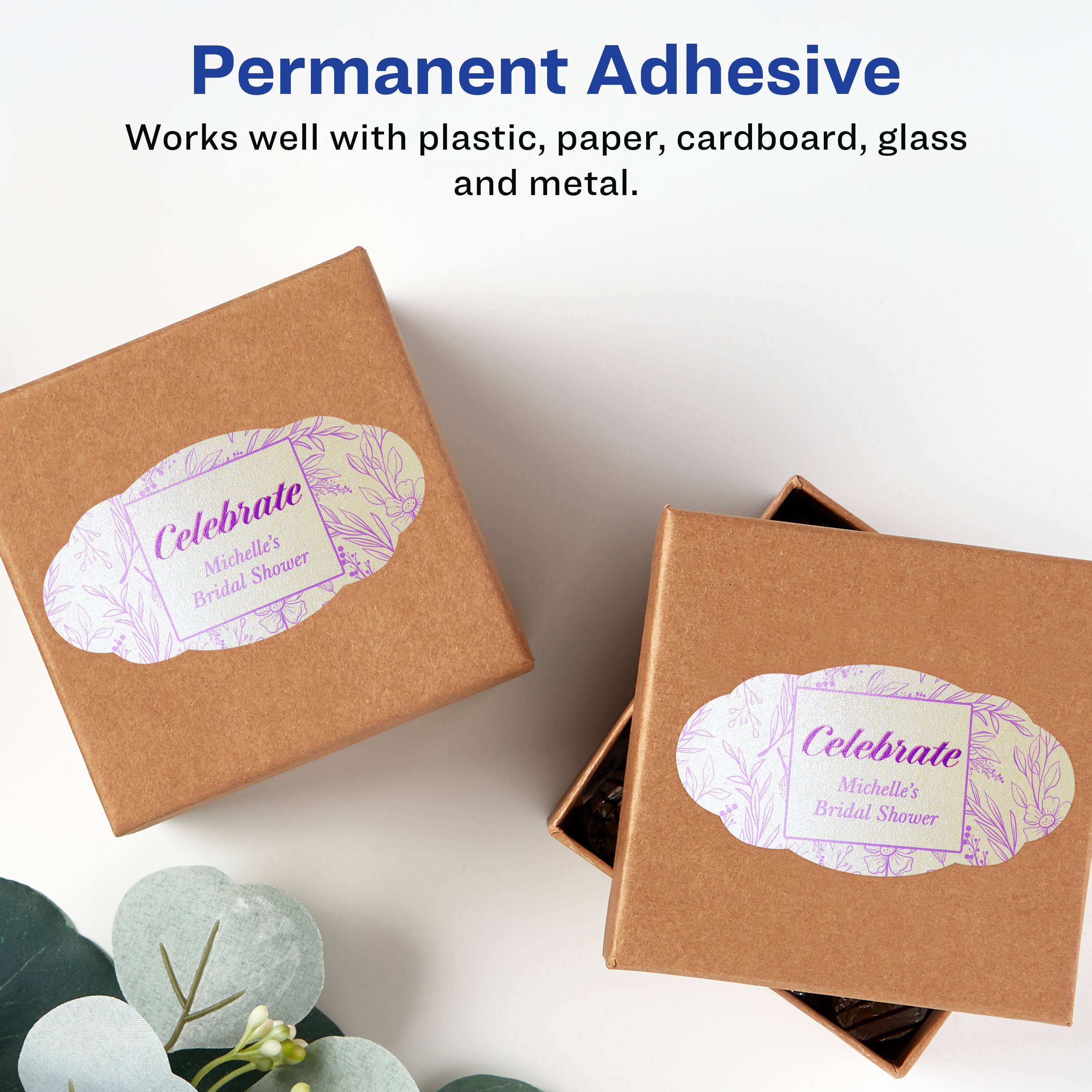 Permanent Adhesive  
Works well with plastic, paper, cardboard, glass and metal.  

Celebrate Michelle's Bridal Shower