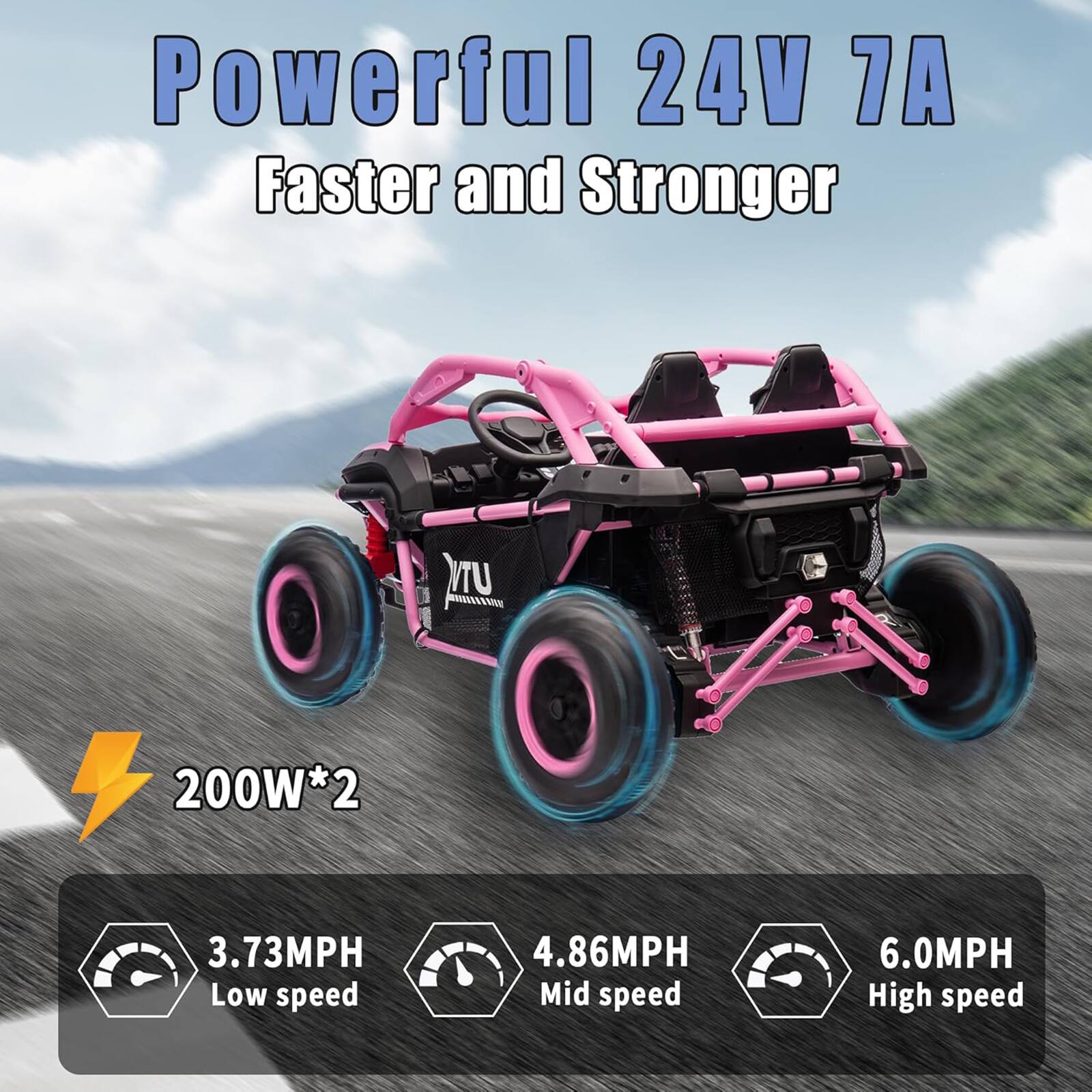 Powerful 24V 7A  
Faster and Stronger  

200W*2  

3.73MPH Low speed  
4.86MPH Mid speed  
6.0MPH High speed