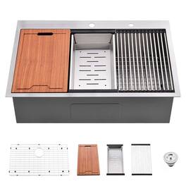 Ropilly - 30 Inch Drop In Workstation Kitchen Sink Single Bowl Stainless Steel with Bottom Grid and Basket Strainer - Brushed Nickel