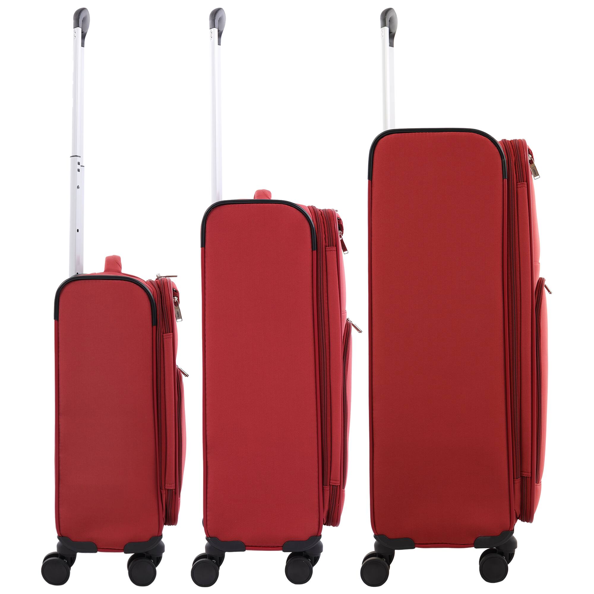 Left. Martha Stewart - 3-Piece Softside Luggage Set – 22" Carry-On, 27" Medium, 31" Large – 8 Spinner Wheels, Expandable Softshell - TERRA COTTA.