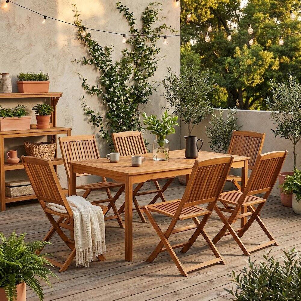 Alt View 3. Outdoor Escape - Wooden Patio Set Warm Oil Dining Table with 6 Outdoor Chairs - Brown.