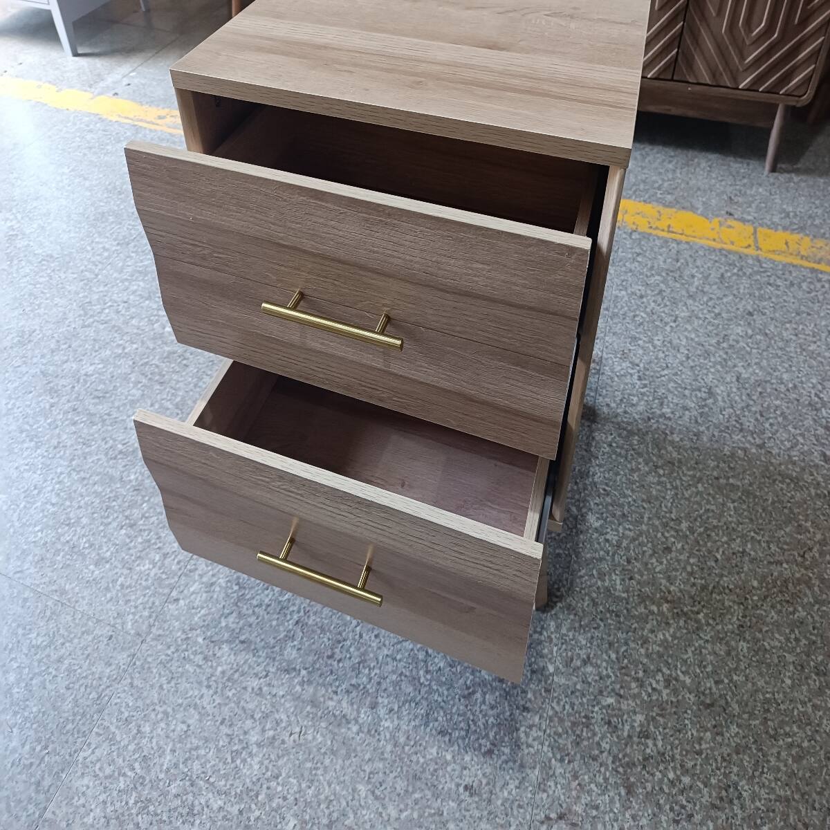 Alt View 3. Loheer - Loheer Oak Bedside Table, Two Drawer Nightstand with Metal Handles for Bedroom Storage - Oak.