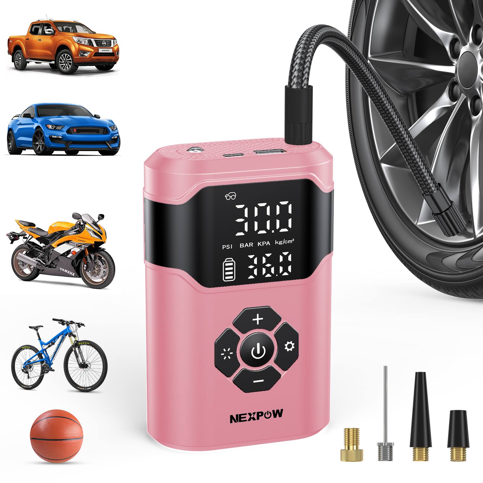 NEXPOW - Portable Tire Inflator, 150 PSI Air Compressor, Dual Display, Fast Inflation for Car, Bike, Motorcycle, Ball, Pin