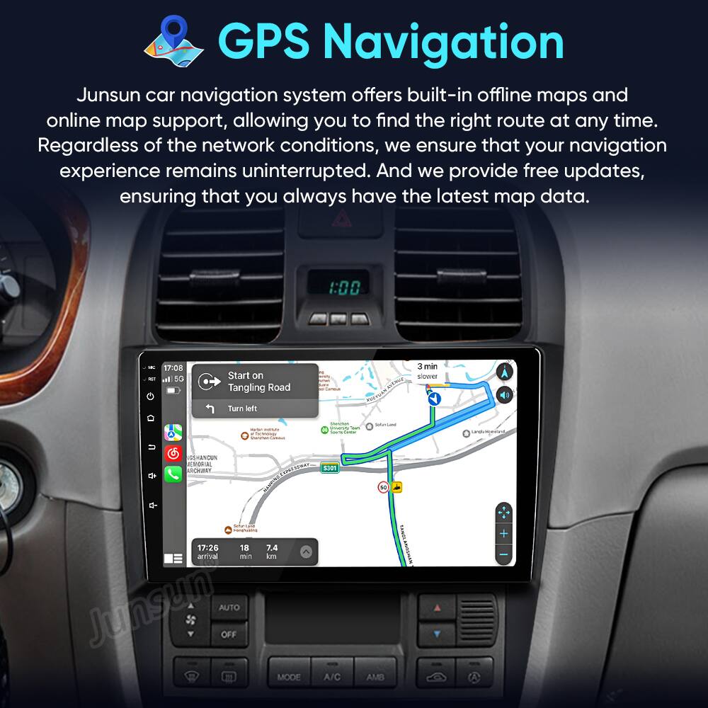 GPS Navigation

Junsun car navigation system offers built-in offline maps and online map support, allowing you to find the right route at any time. Regardless of the network conditions, we ensure that your navigation experience remains uninterrupted. And we provide free updates, ensuring that you always have the latest map data.

1:00 17:08 - al 5G Start on Tangling Road Turn left 3 min slower - PO D - Sursma undullevn GSHANCUN ESORIAL ARCHUBAY CAUCOS 30 S - 17:26 18 7.4 arrival min km Junsun AUTO OFF MODE A/C AMB SANCL wyutpe