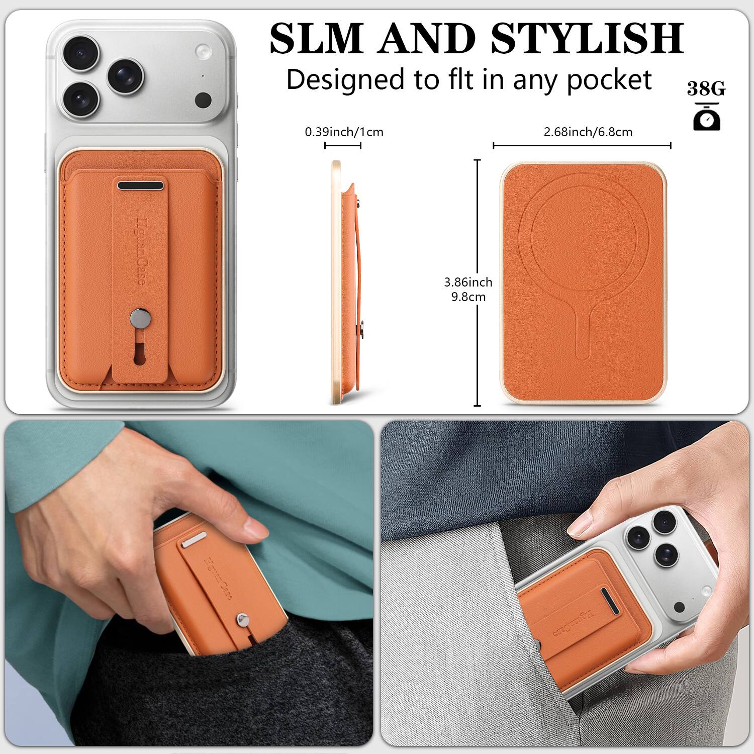 SLM AND STYLISH  
Designed to fit in any pocket  

0.39inch/1cm  
2.68inch/6.8cm  
3.86inch/9.8cm  

38G