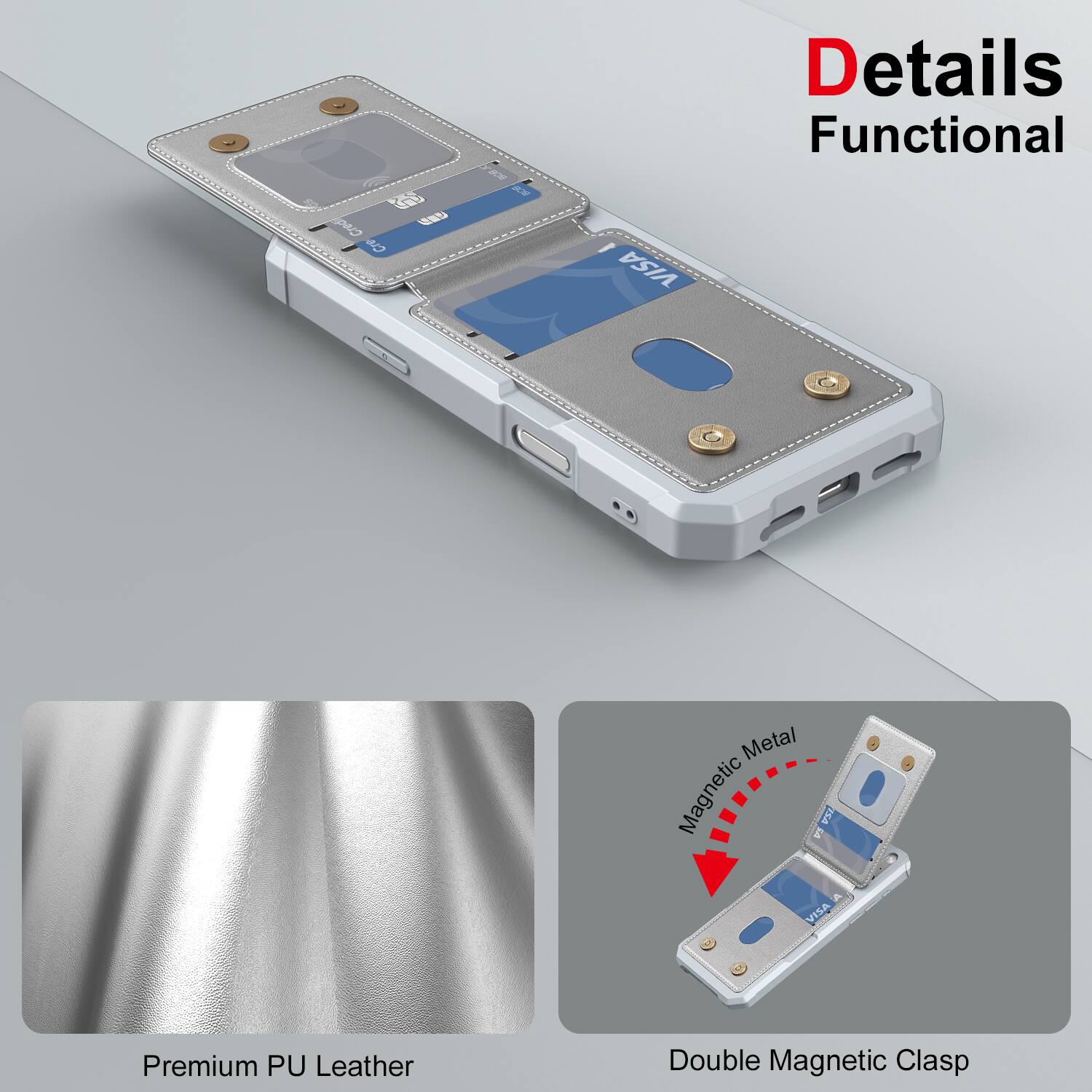 Details Functional

Premium PU Leather

Magnetic Metal

Double Magnetic Clasp