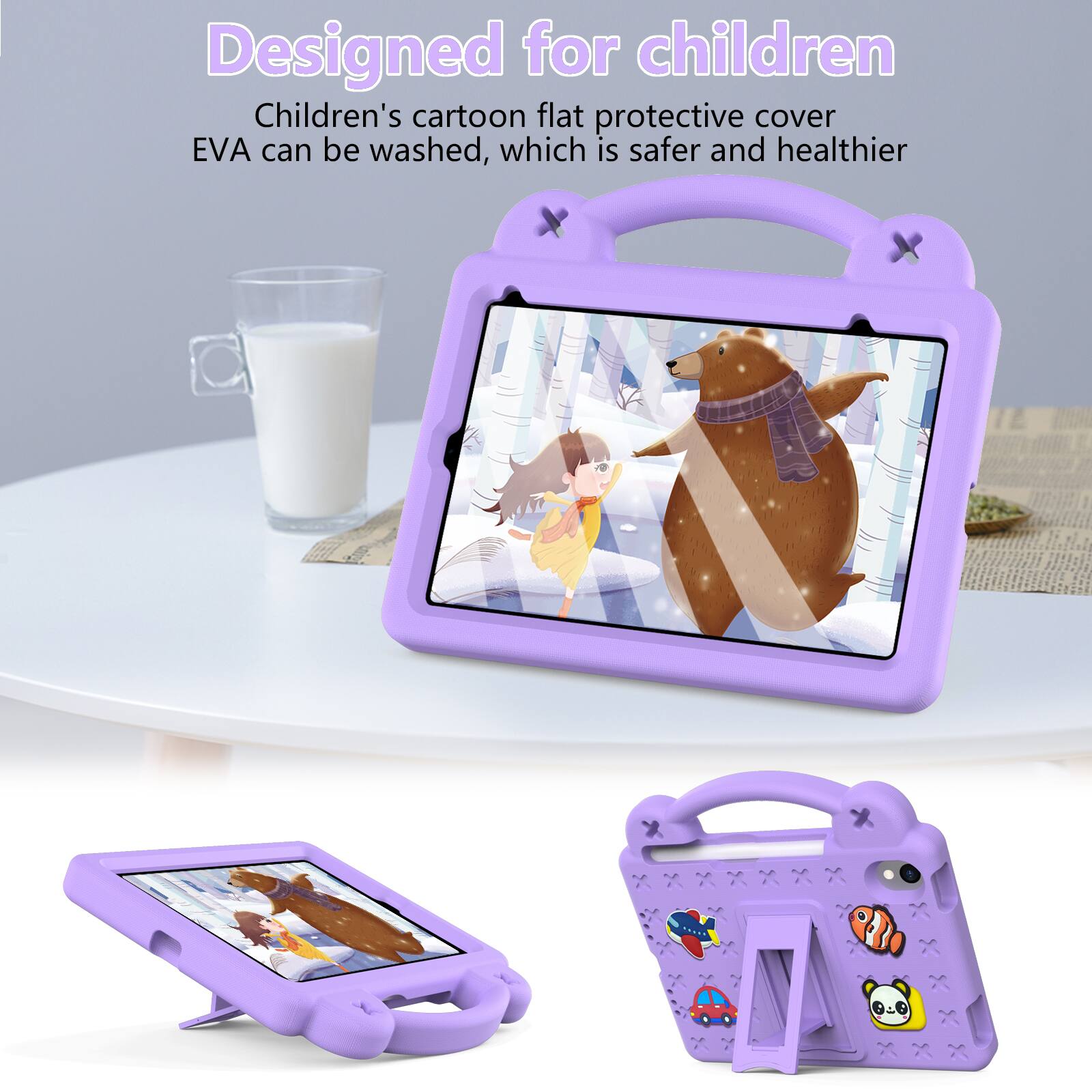 Designed for children  
Children's cartoon flat protective cover EVA can be washed, which is safer and healthier