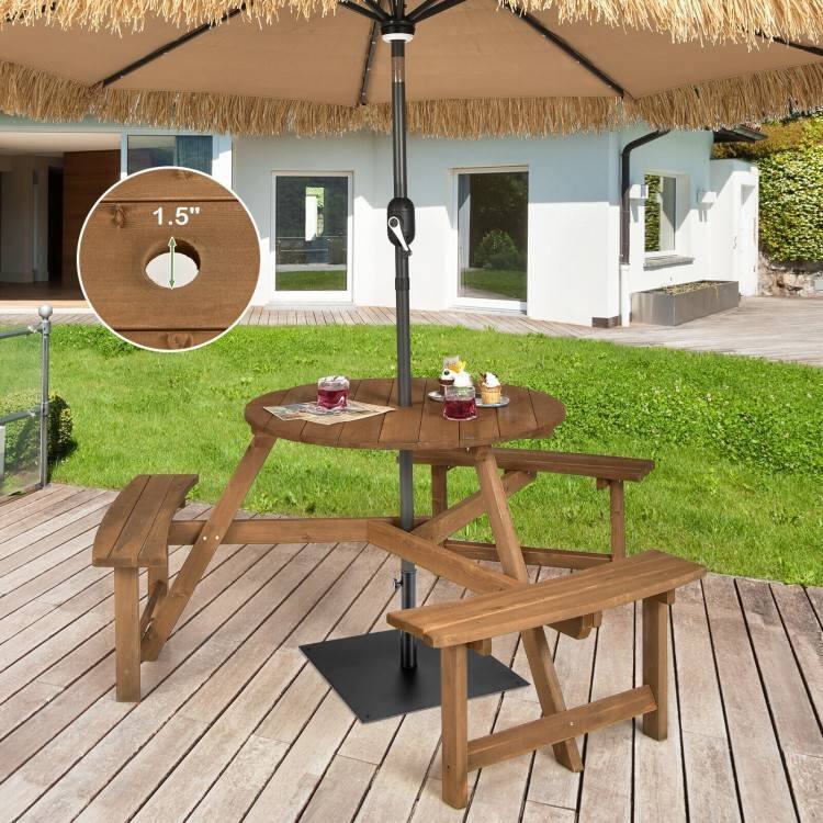 Back. Hivvago - Outdoor Solid Wood Round Picnic Table Set with Umbrella Hole and 3 Benches - Dark Brown.