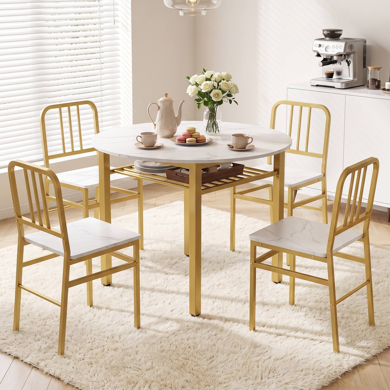 Alt View 3. Costway - Costway Dining Table for 2-4 People,40" Round Kitchen Table with Storage Shelf&Metal Frame - White + Gold.