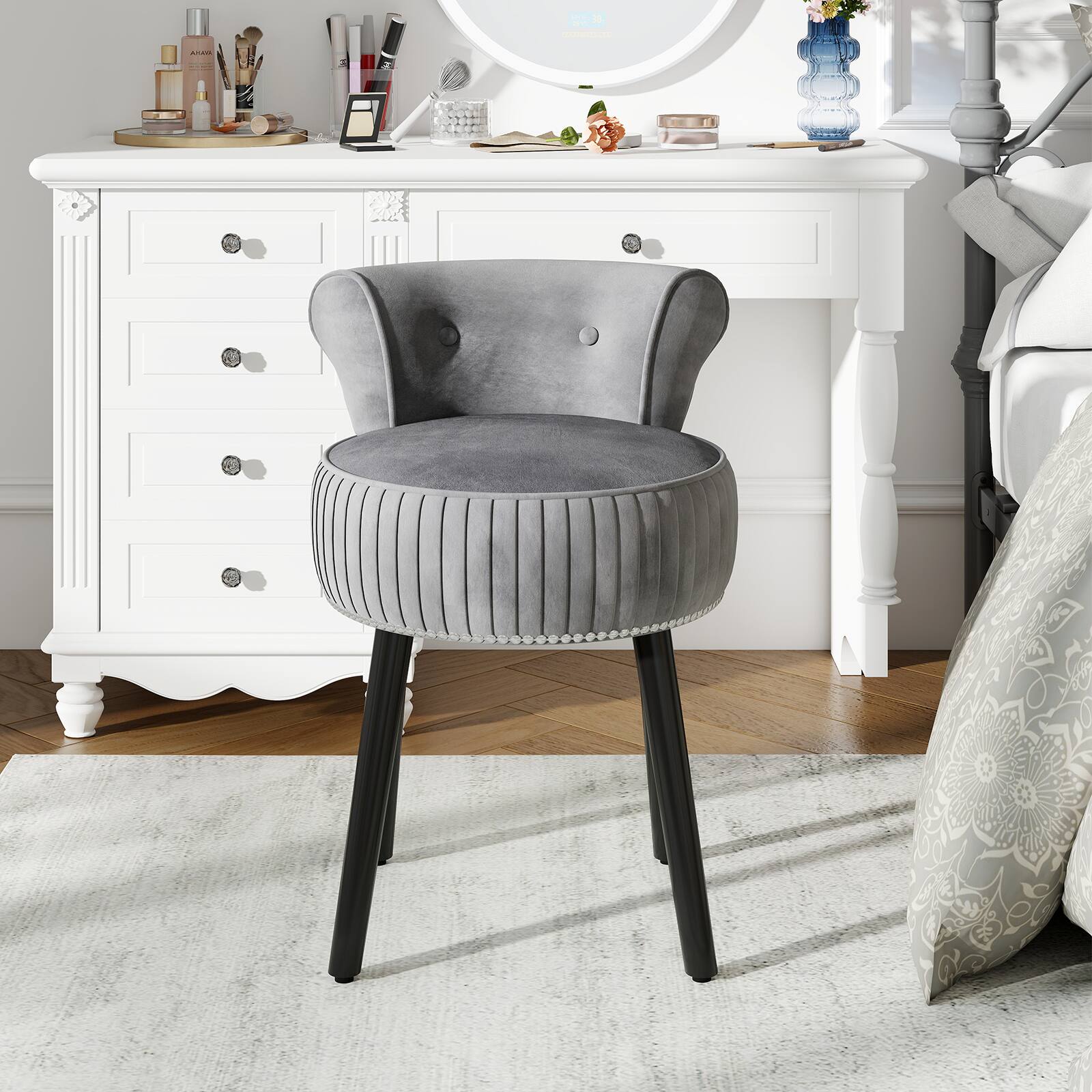 Alt View 7. Gymax - Gymax Velvet Vanity Chair w/ Back Tufted Low Back & Solid Wood Legs for Bedroom Gray - Gray.