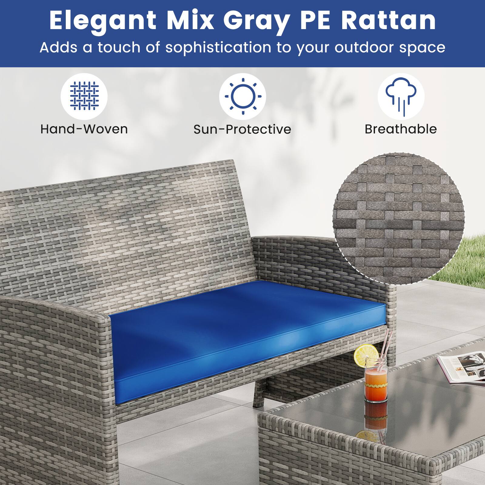 Elegant Mix Gray PE Rattan  
Adds a touch of sophistication to your outdoor space  

- Hand-Woven  
- Sun-Protective  
- Breathable