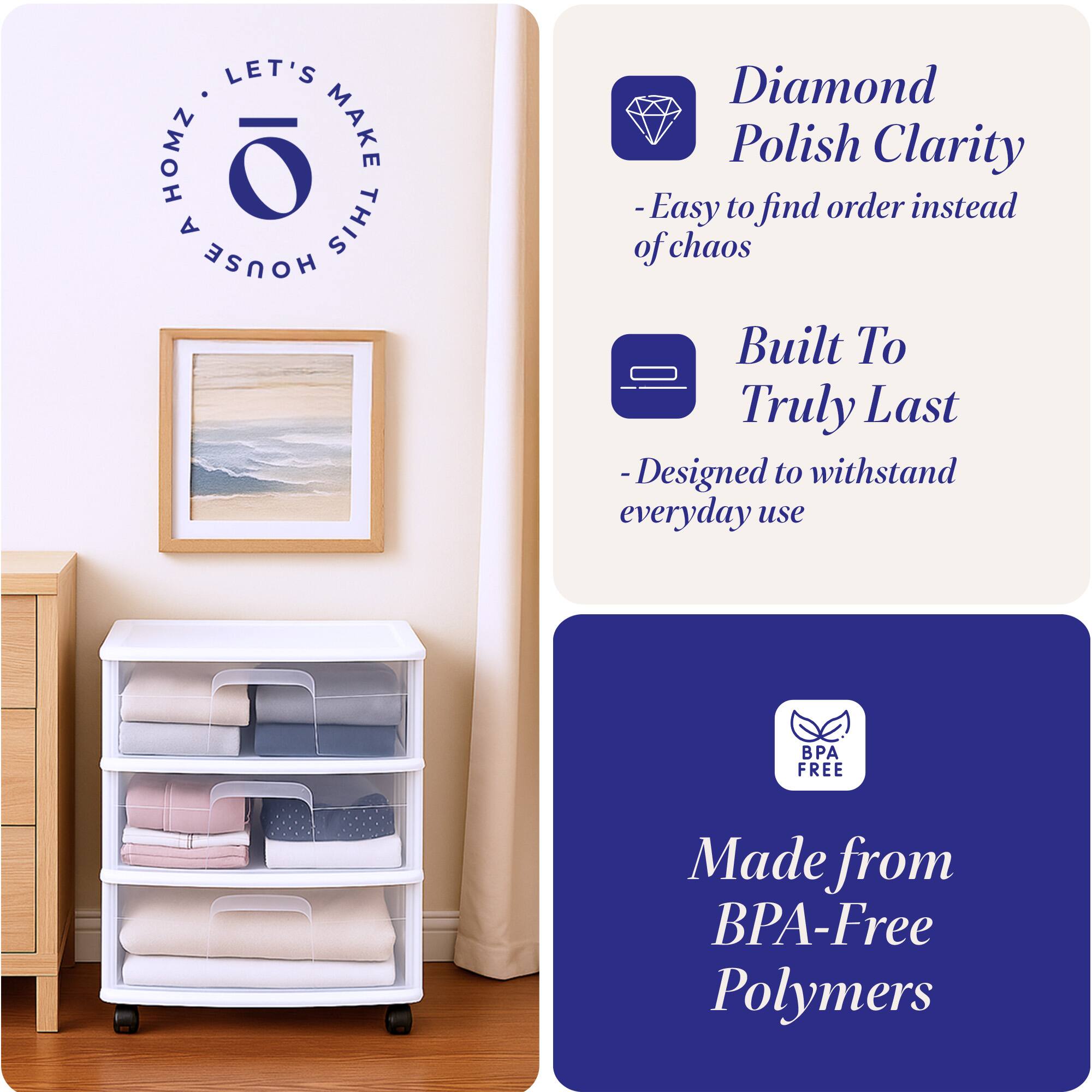 LET'S MAKE THIS HOUSE A HOME

- Diamond Polish Clarity
  - Easy to find order instead of chaos

- Built To Truly Last
  - Designed to withstand everyday use

- Made from BPA-Free Polymers