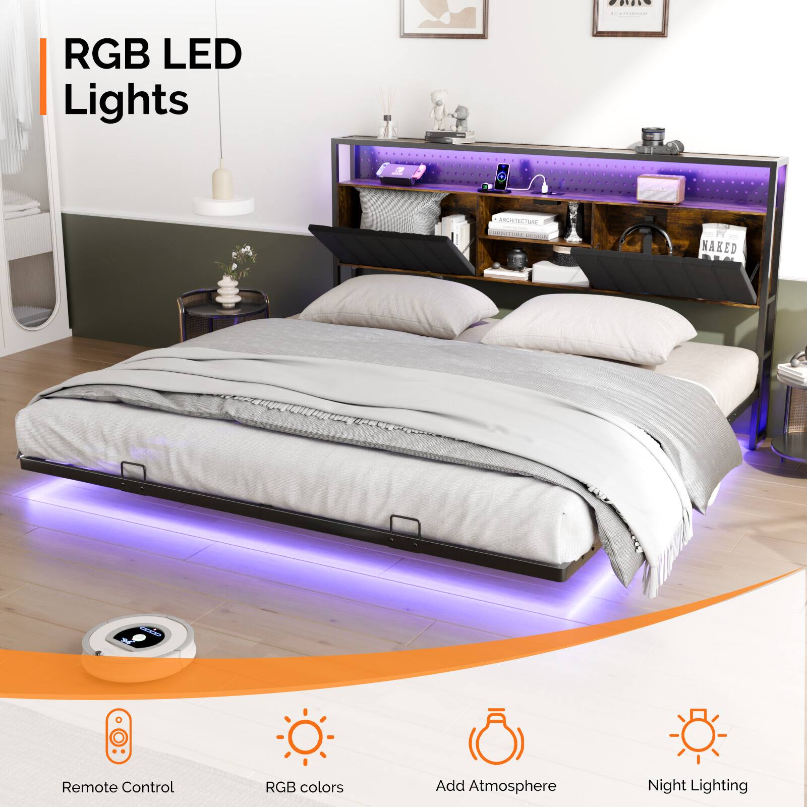 RGB LED Lights

- Remote Control
- RGB colors
- Add Atmosphere
- Night Lighting