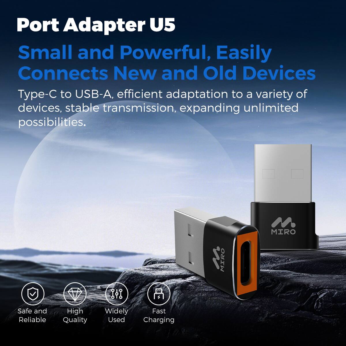 Port Adapter U5 Small and Powerful, Easily Connects New and Old Devices Type-C to USB-A, efficient adaptation to a variety of devices, stable transmission, expanding unlimited possibilities. MIRO Safe and Reliable High Quality Widely Used Fast Charging