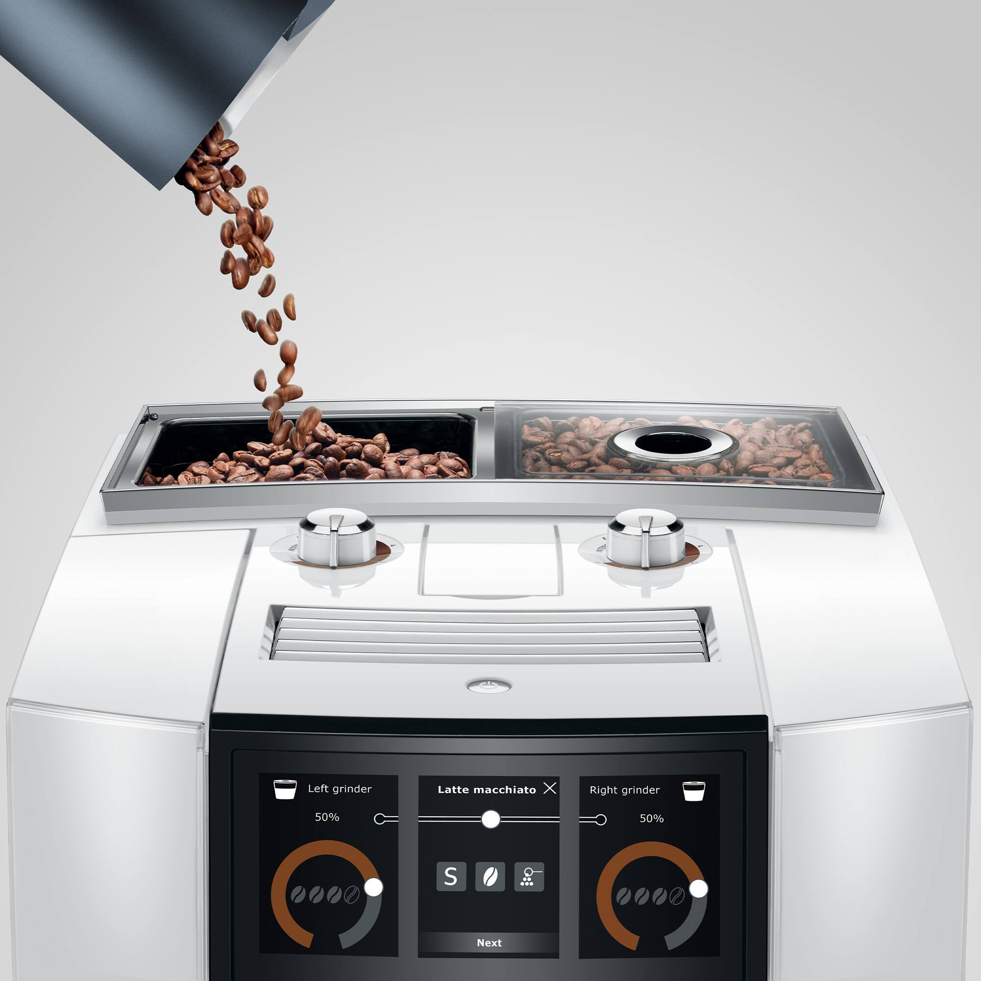 The text on the image reads: "Left grinder Latte macchiato X Right grinder 50% 50%".