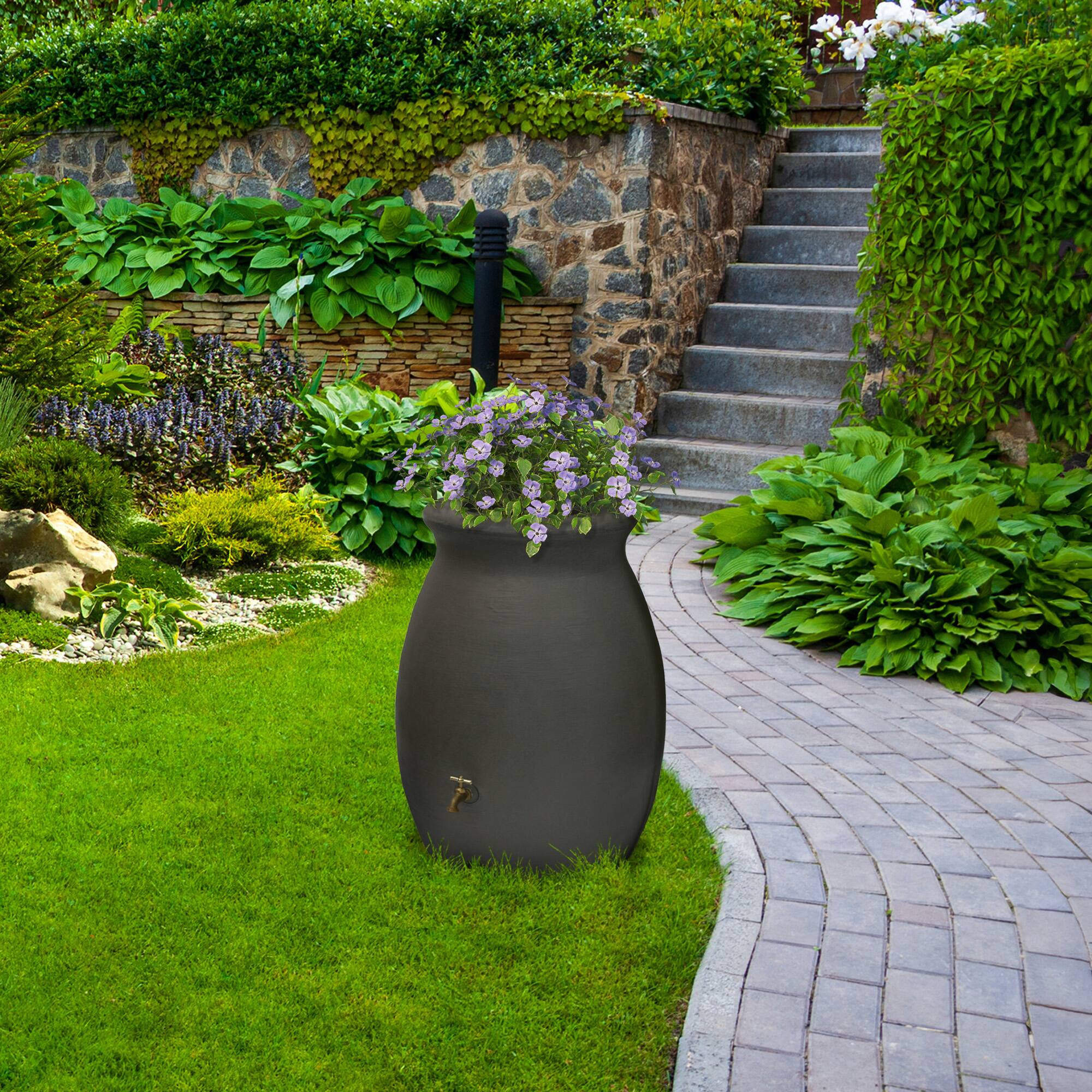 Alt View 6. Algreen Products - Algreen Castilla 50 Gallon Plastic Rain Water Collection Barrel, Brownstone - Black.