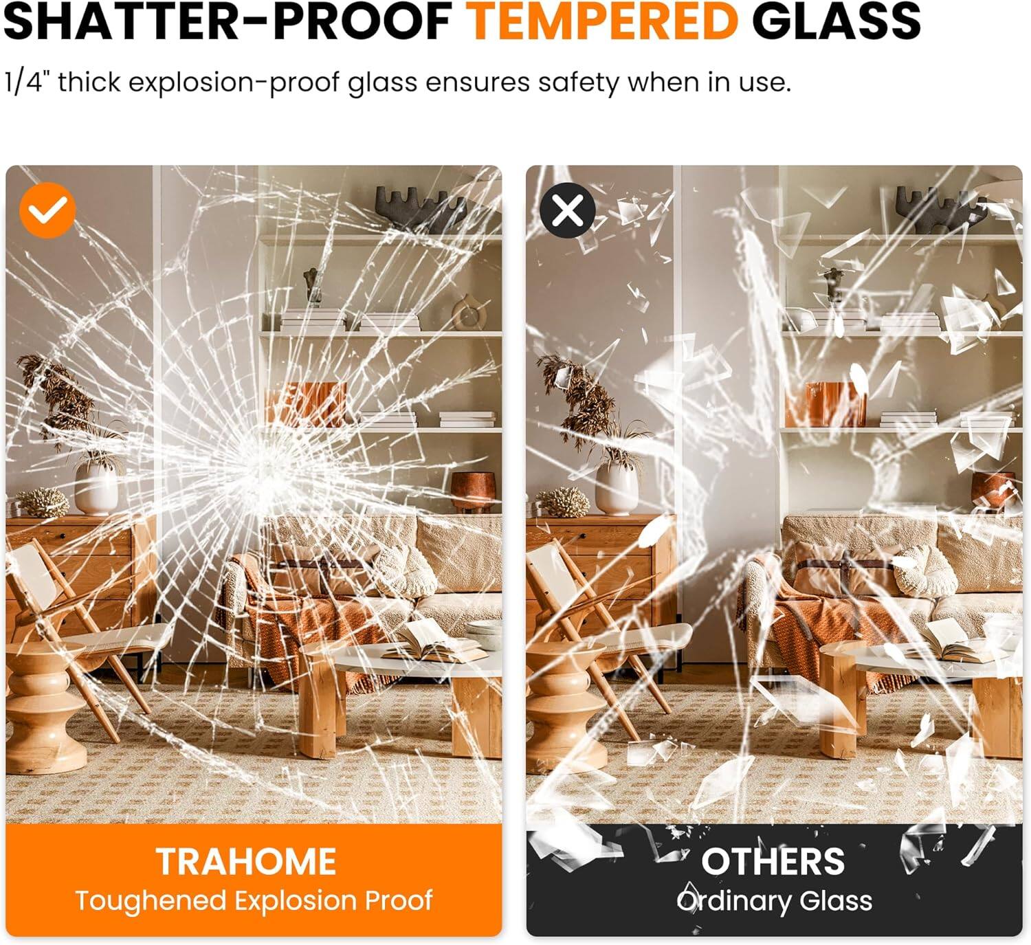 **SHATTER-PROOF TEMPERED GLASS**

1/4" thick explosion-proof glass ensures safety when in use.

- **TRAHOME**  
  Toughened Explosion Proof

- **OTHERS**  
  Ordinary Glass