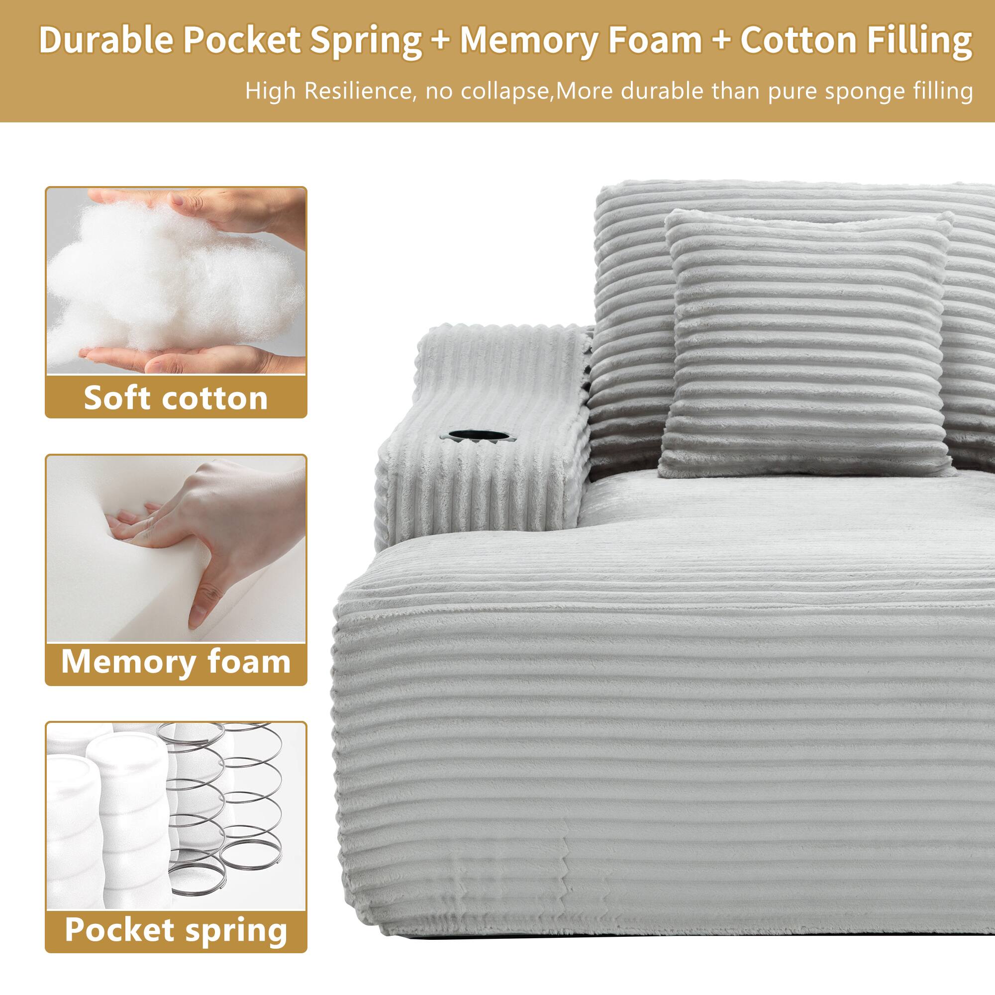Durable Pocket Spring + Memory Foam + Cotton Filling  
High Resilience, no collapse, More durable than pure sponge filling  

Soft cotton  
Memory foam  
Pocket spring