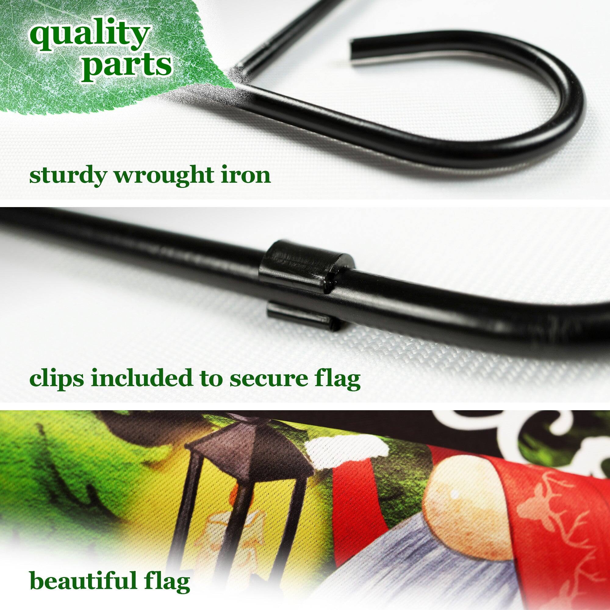 quality parts  
sturdy wrought iron  
clips included to secure flag  
beautiful flag