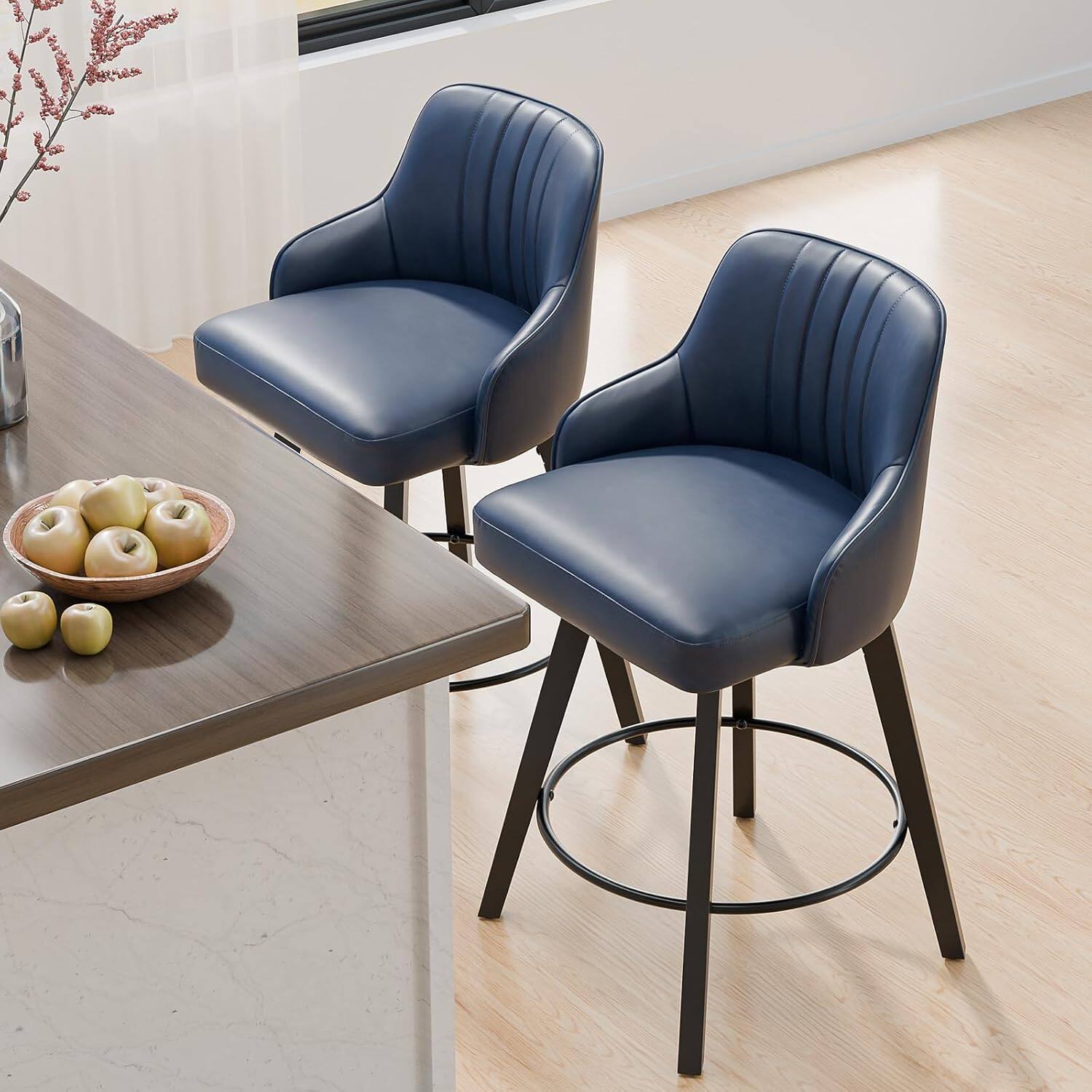 Alt View 4. Winado - 26" H Swivel Barstools Counter Height Bar Stool Modern Counter Stool with Back Kitchen High Chairs Solid Wood Legs - Dark Blue Pu-Set of 1.
