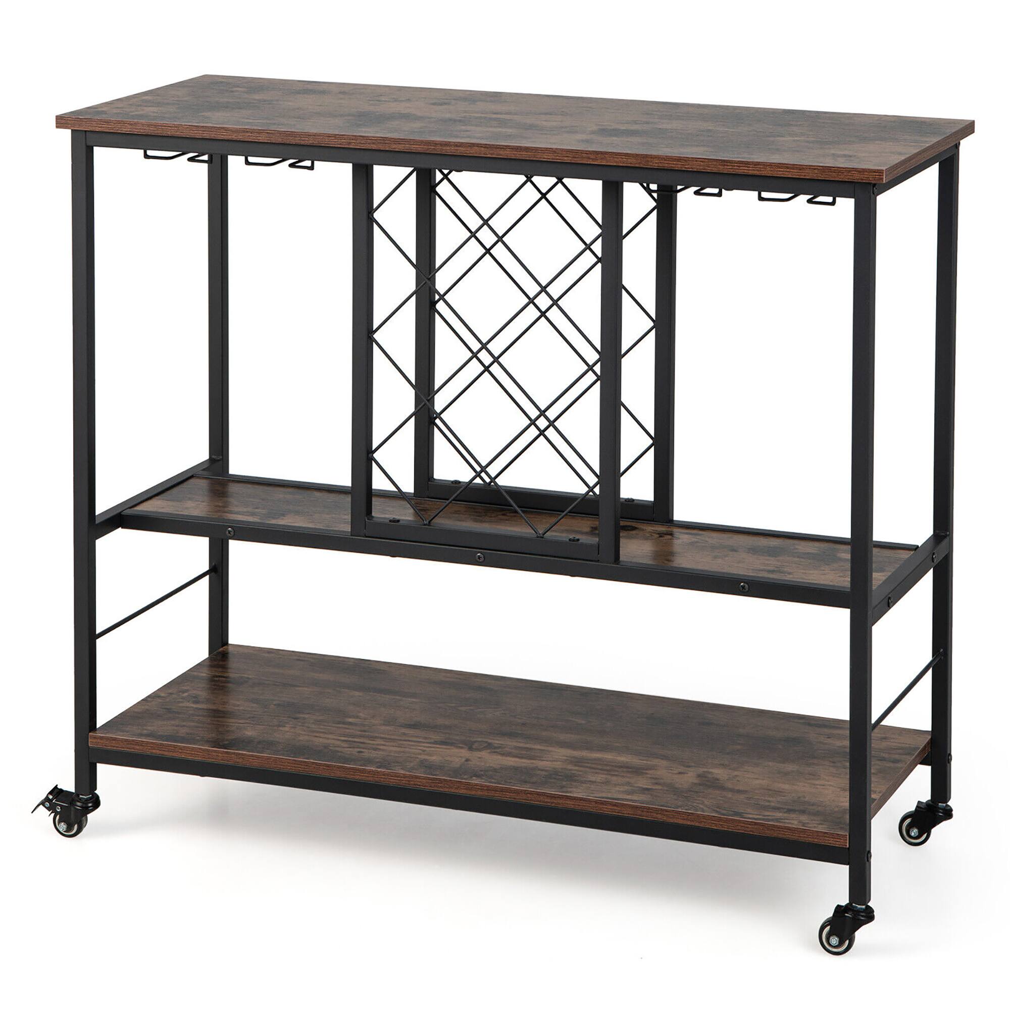 Alt View 9. Gymax - Gymax Industrial Liquor Bar Cart Rolling Kitchen Serving Cart w/ Wine Rack Glass Holder - Rustic Brown ,Black.