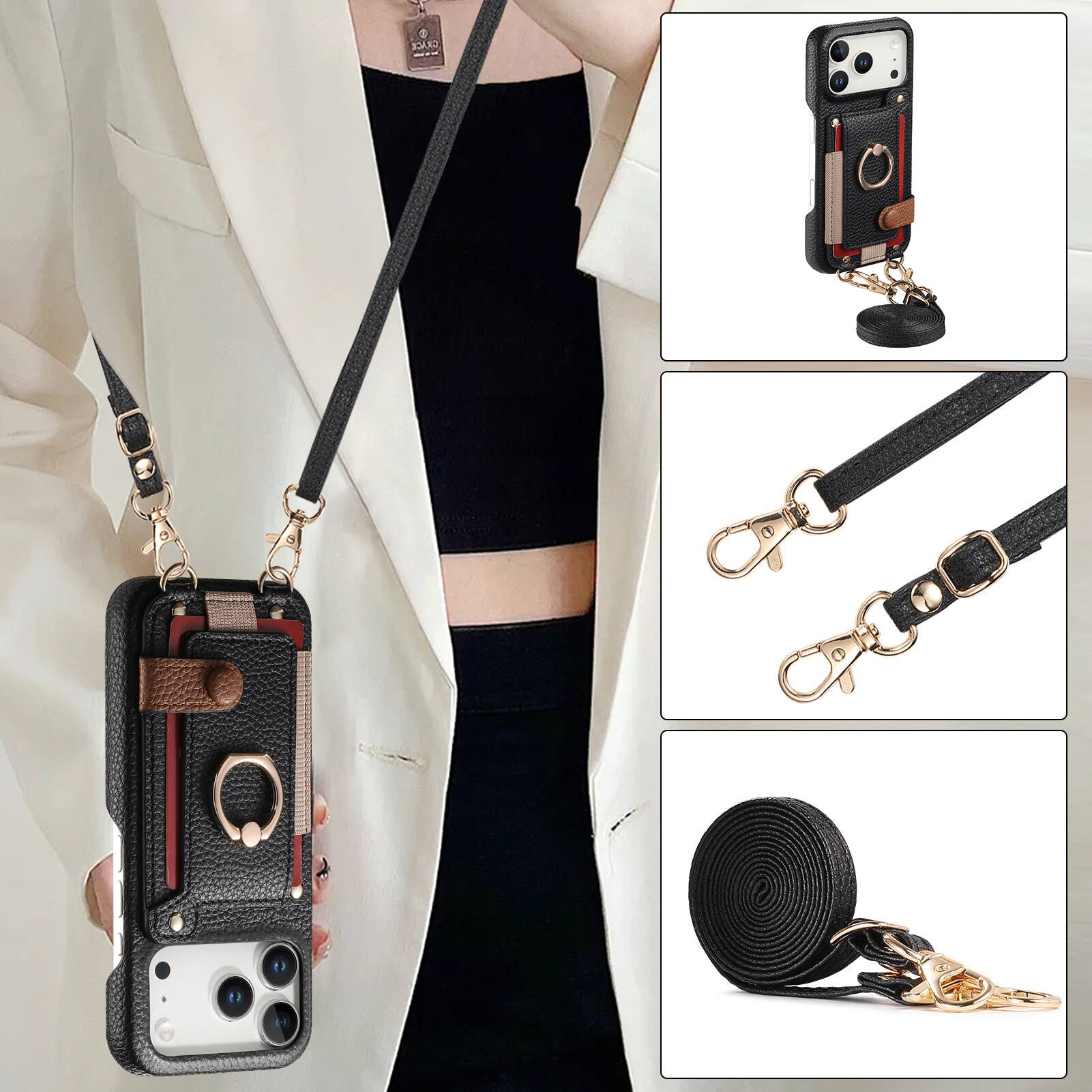 Alt View 2. Dteck - Lychee Texture Wallet Case for Apple iPhone 17 Pro Max with Ring Stand,Crossbody Faux Leather Cover with Card Holder - Black.