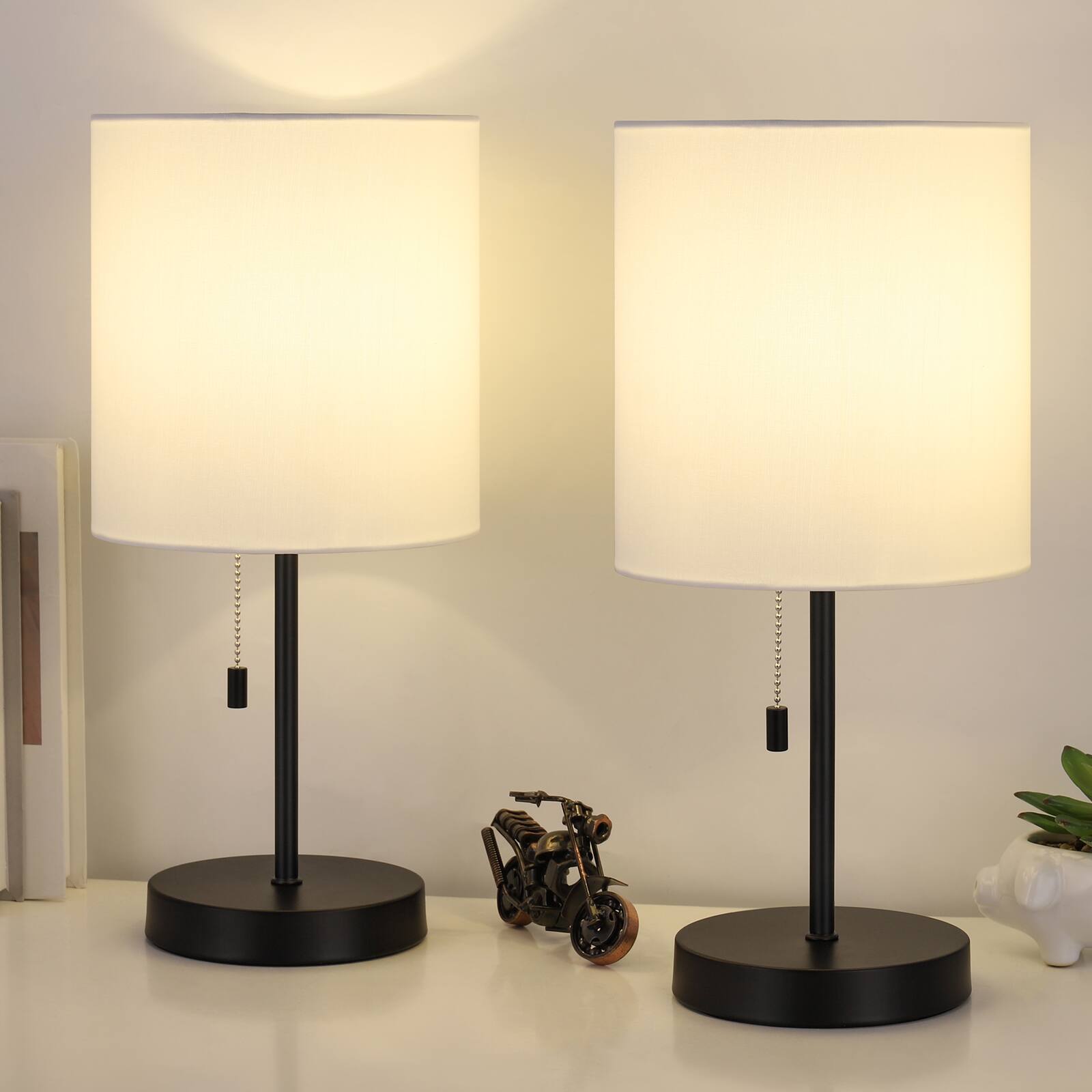 Front. Oumilen - Modern Table Lamps Set of 2 Fabric Shade w/Pull Chain Switch Bedroom Living Room.