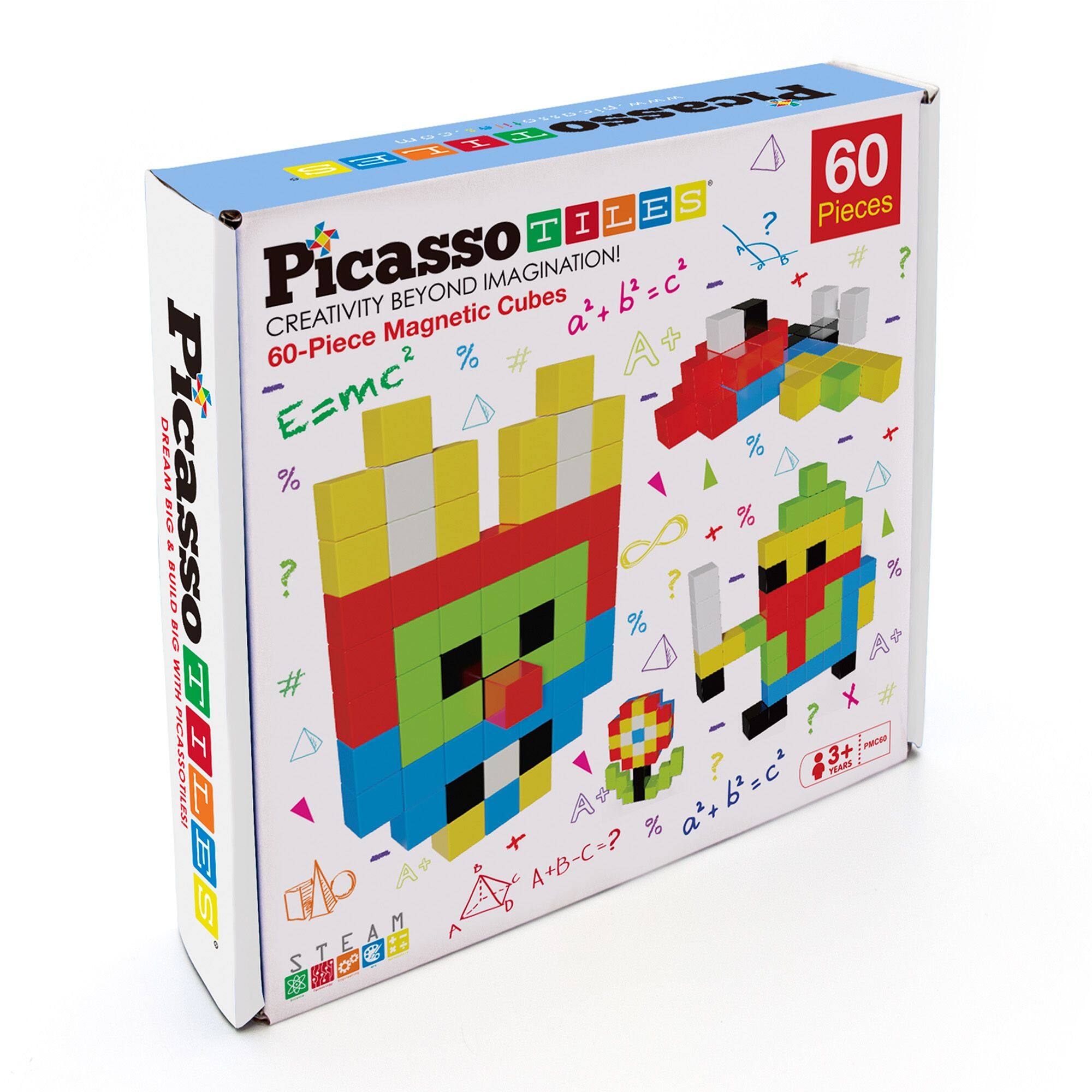 Picasso Tiles  
Creativity Beyond Imagination!  
60-Piece Magnetic Cubes  
E=mc²  
a² + b² = c²  
A + B = C  
%  
#  
?  
STEAM  
3+ Years  
60 Pieces
