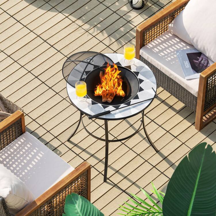 Left. Mondawe - 23.5 Inches Round Fire Pit Table with Mesh Cover and Fire Poker - Black.