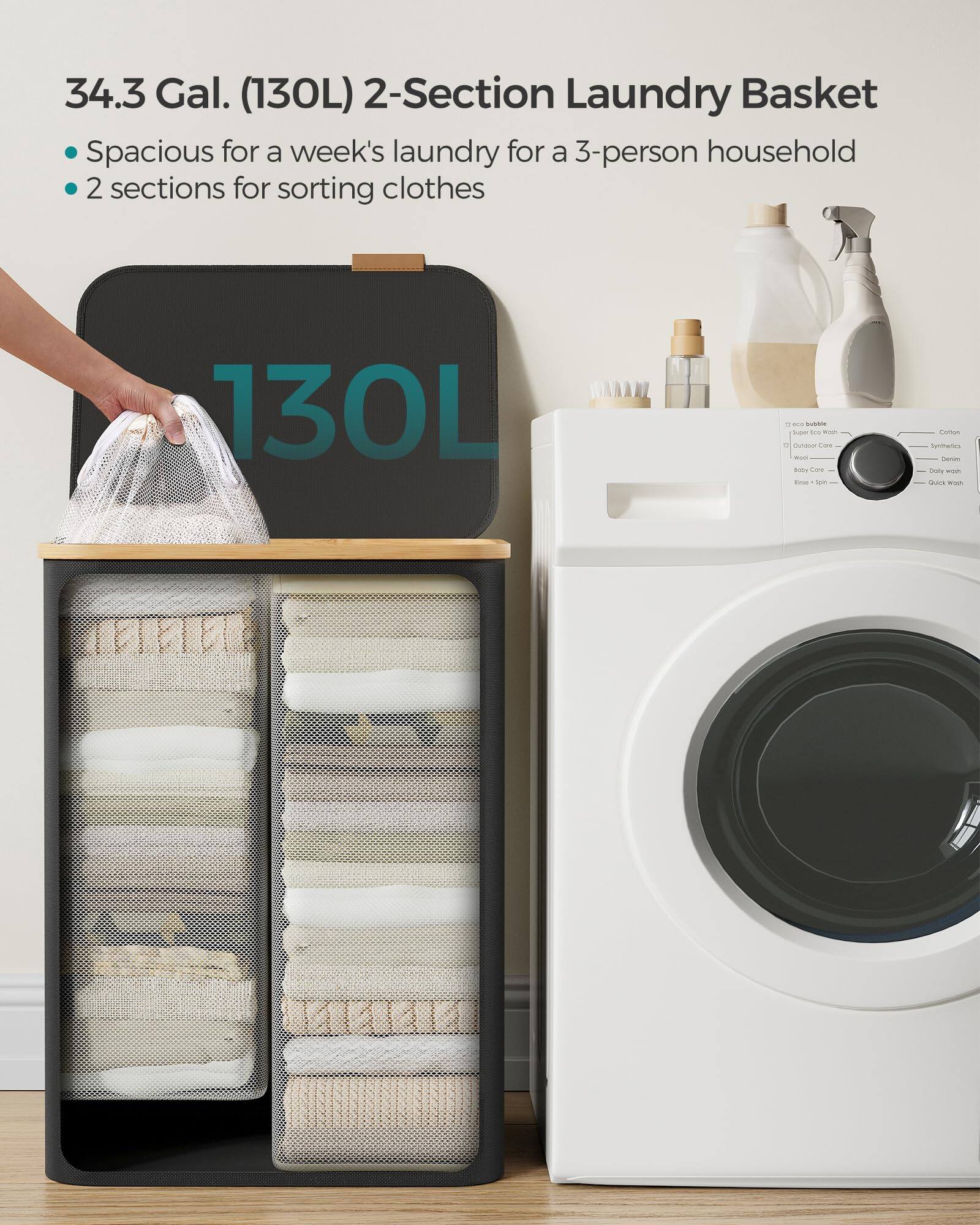 34.3 Gal. (130L) 2-Section Laundry Basket  
Spacious for a week's laundry for a 3-person household  
2 sections for sorting clothes
