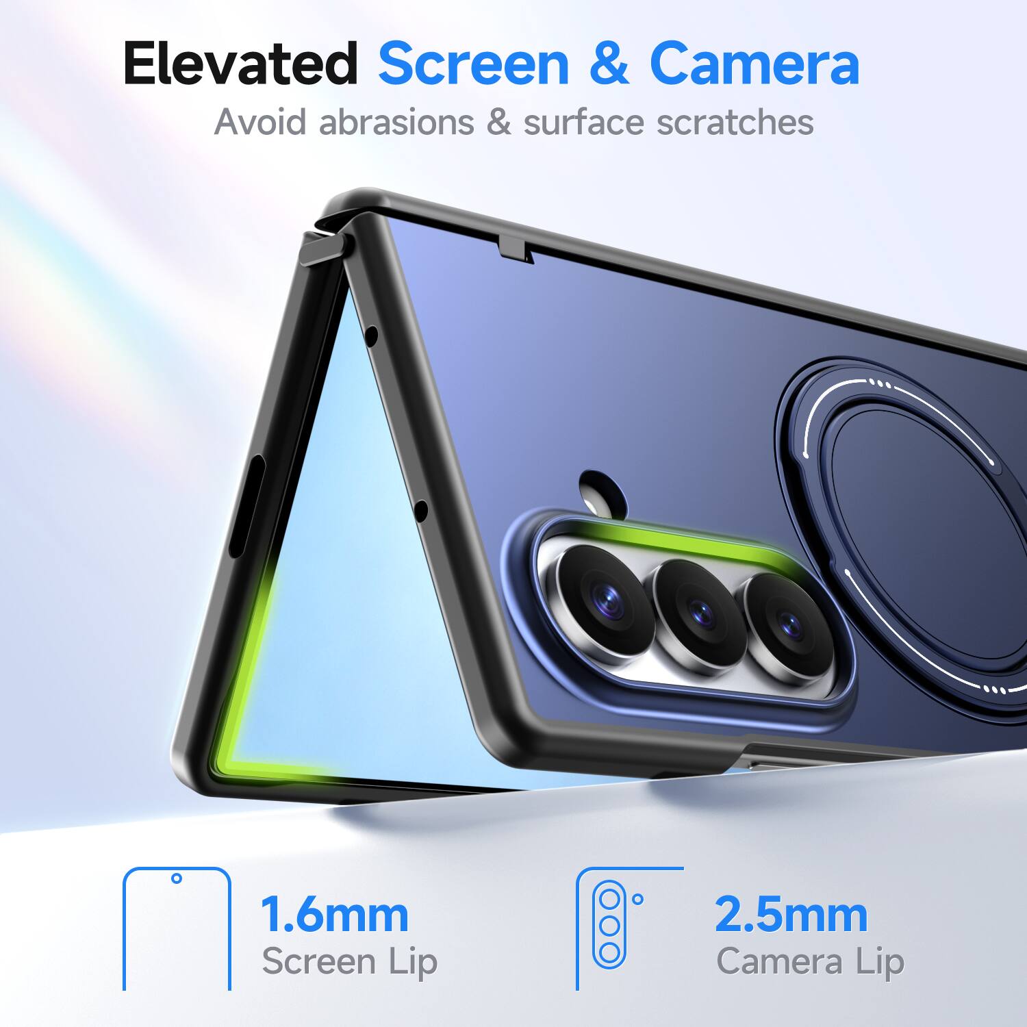 Elevated Screen & Camera  
Avoid abrasions & surface scratches  

1.6mm Screen Lip  
2.5mm Camera Lip