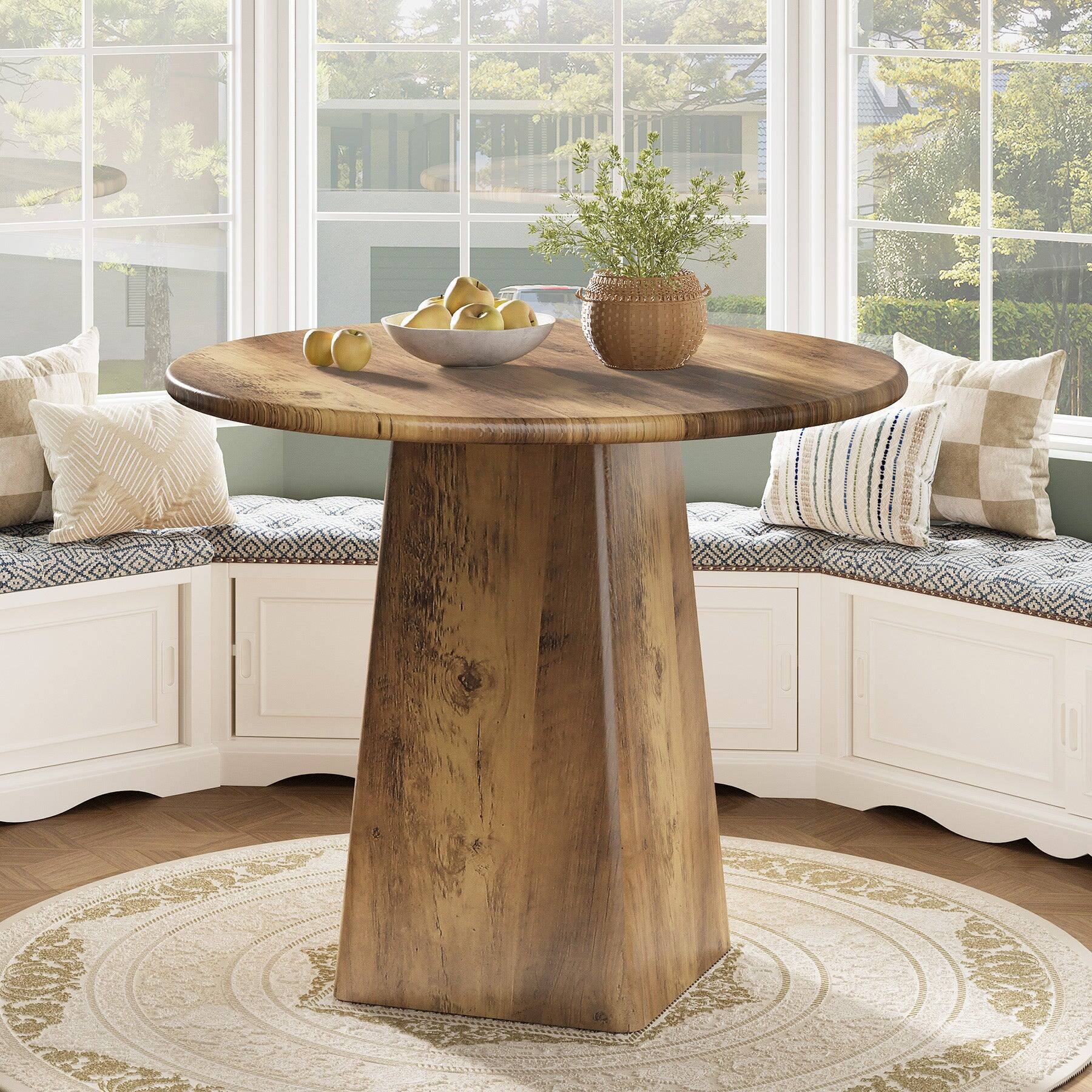 Front. Tribesigns - Farmhouse Round Dining Table with Engineered Wood Construction for Dining Room, Kitchen and Living Room - Brown.
